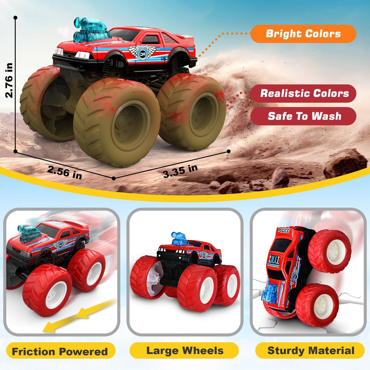 ShyLizard Monster Trucks – Wash-to-Reveal 4-Pack for Kids Aged 3-8 | Durable, Safe, Mess-Free Play