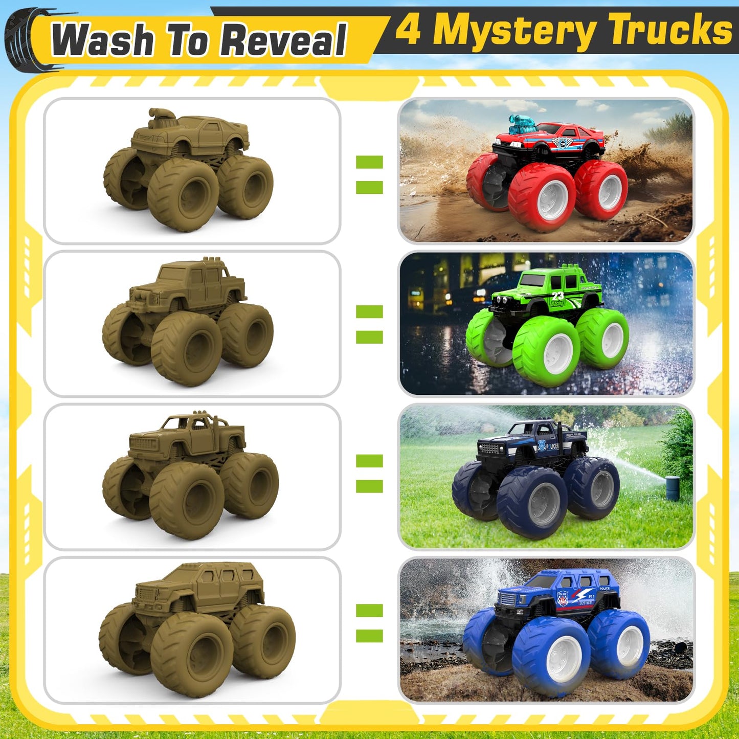 ShyLizard Monster Trucks – Wash-to-Reveal 4-Pack for Kids Aged 3-8 | Durable, Safe, Mess-Free Play