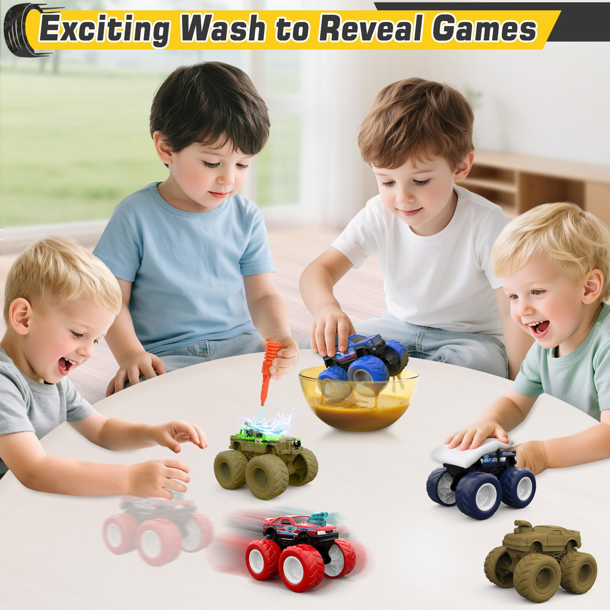 ShyLizard Monster Trucks – Wash-to-Reveal 4-Pack for Kids Aged 3-8 | Durable, Safe, Mess-Free Play