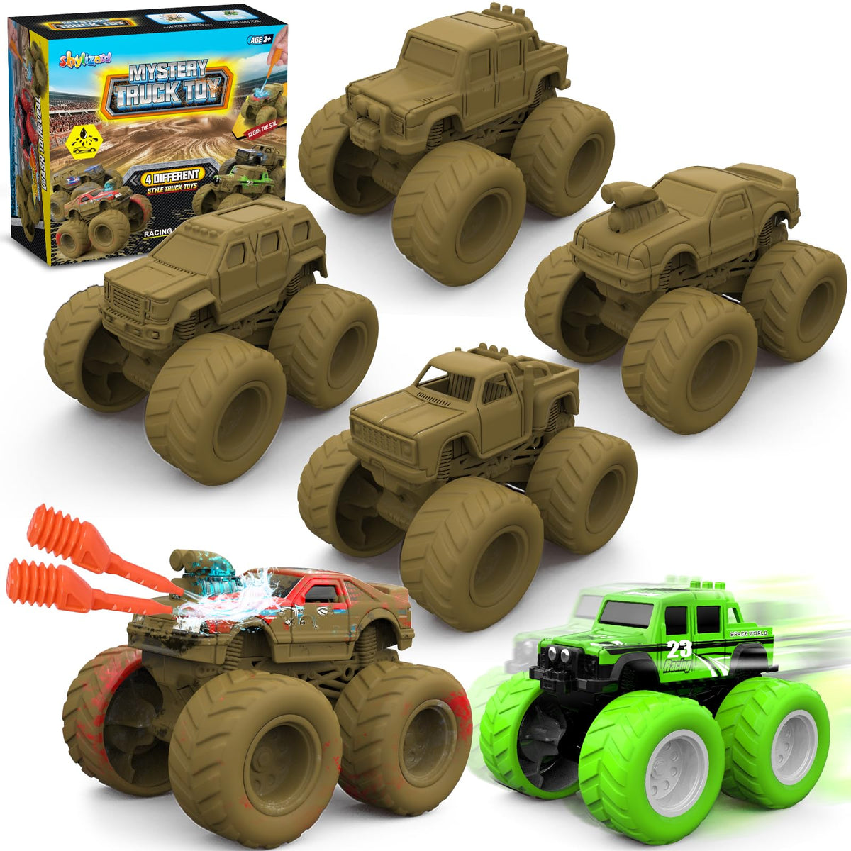 ShyLizard Monster Trucks – Wash-to-Reveal 4-Pack for Kids Aged 3-8 | Durable, Safe, Mess-Free Play