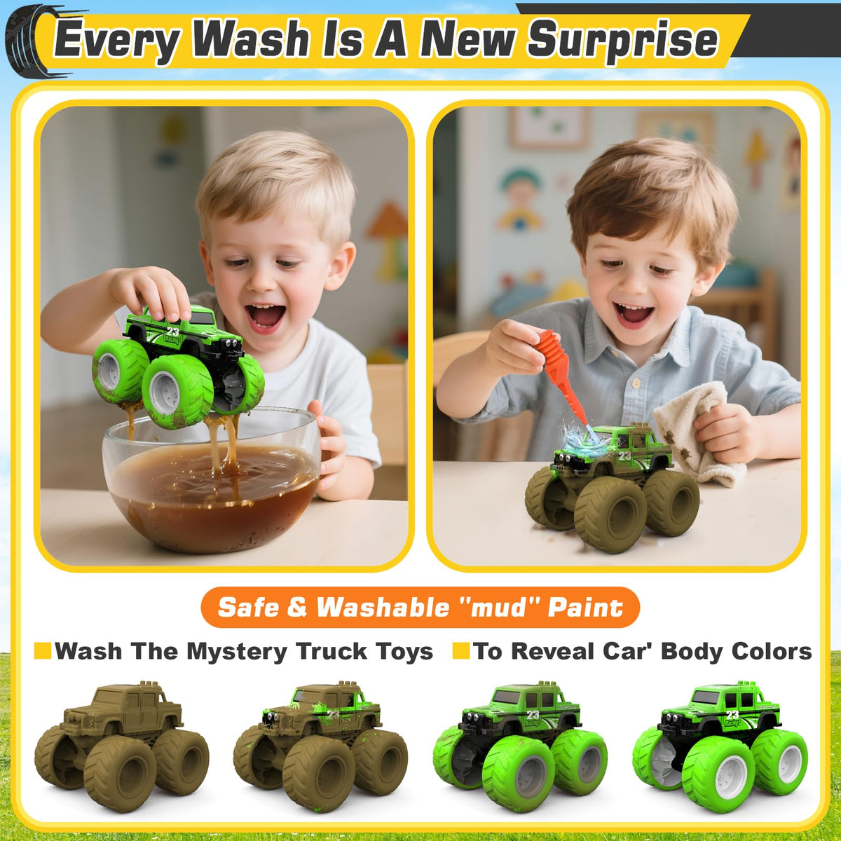 ShyLizard Monster Trucks – Wash-to-Reveal 4-Pack for Kids Aged 3-8 | Durable, Safe, Mess-Free Play