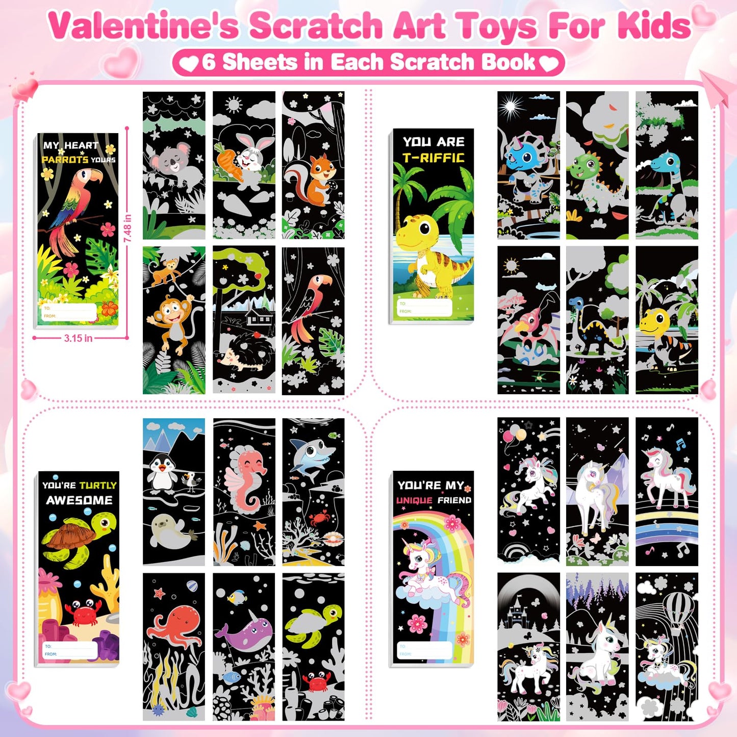 ShyLizard 24-Pack Valentines Scratch Art Kit for Kids – Rainbow Paper Set & Classroom Gifts