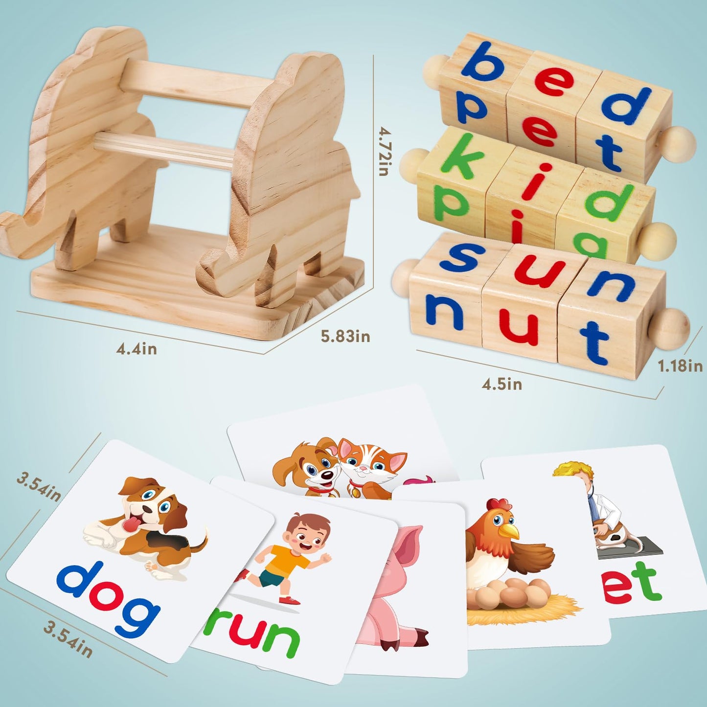 ShyLizard Montessori Reading Blocks – Wooden Vowel Blocks & Flash Cards for Toddlers (Ages 3-5)