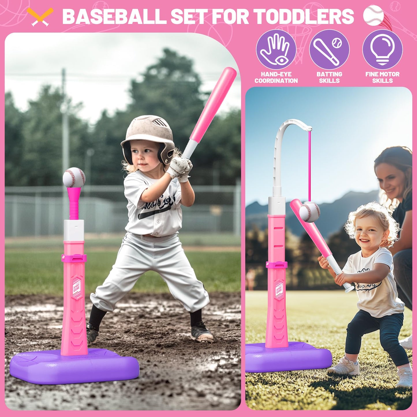 ShyLizard 3-in-1 Kids Basketball Hoop & T-Ball Set | Adjustable Pink Indoor Outdoor Toy