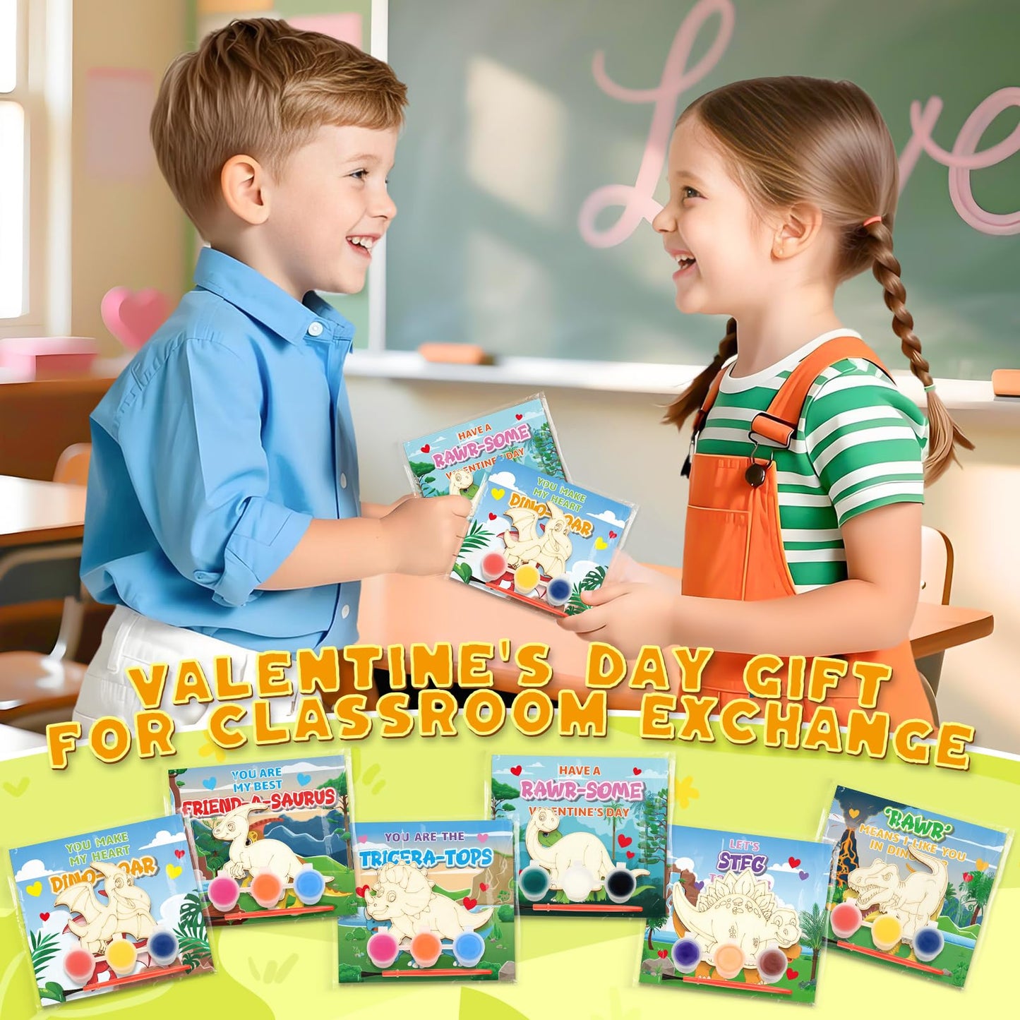ShyLizard 24-Pack Dinosaur Valentine Cards & Wood Paint Crafts Set – Classroom Gifts