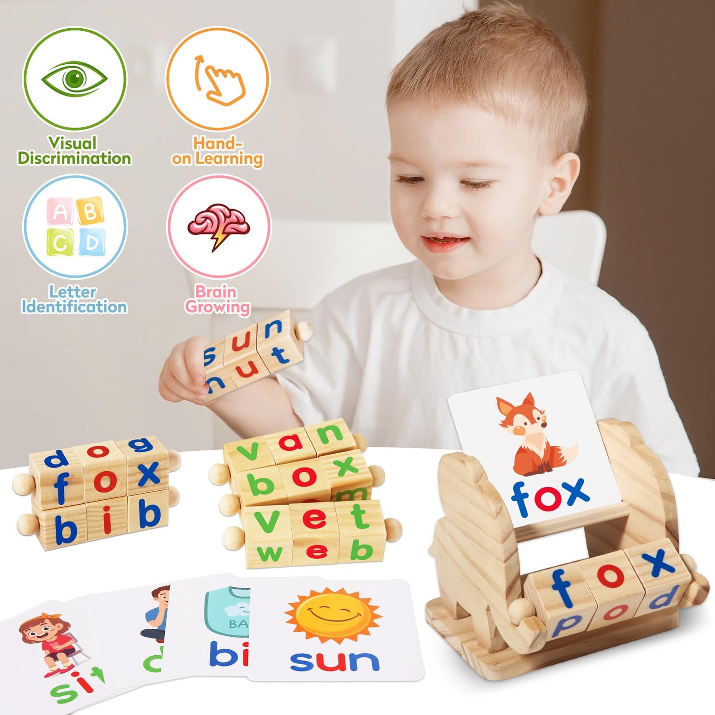 ShyLizard Montessori Reading Blocks – Wooden Vowel Blocks & Flash Cards for Toddlers (Ages 3-5)