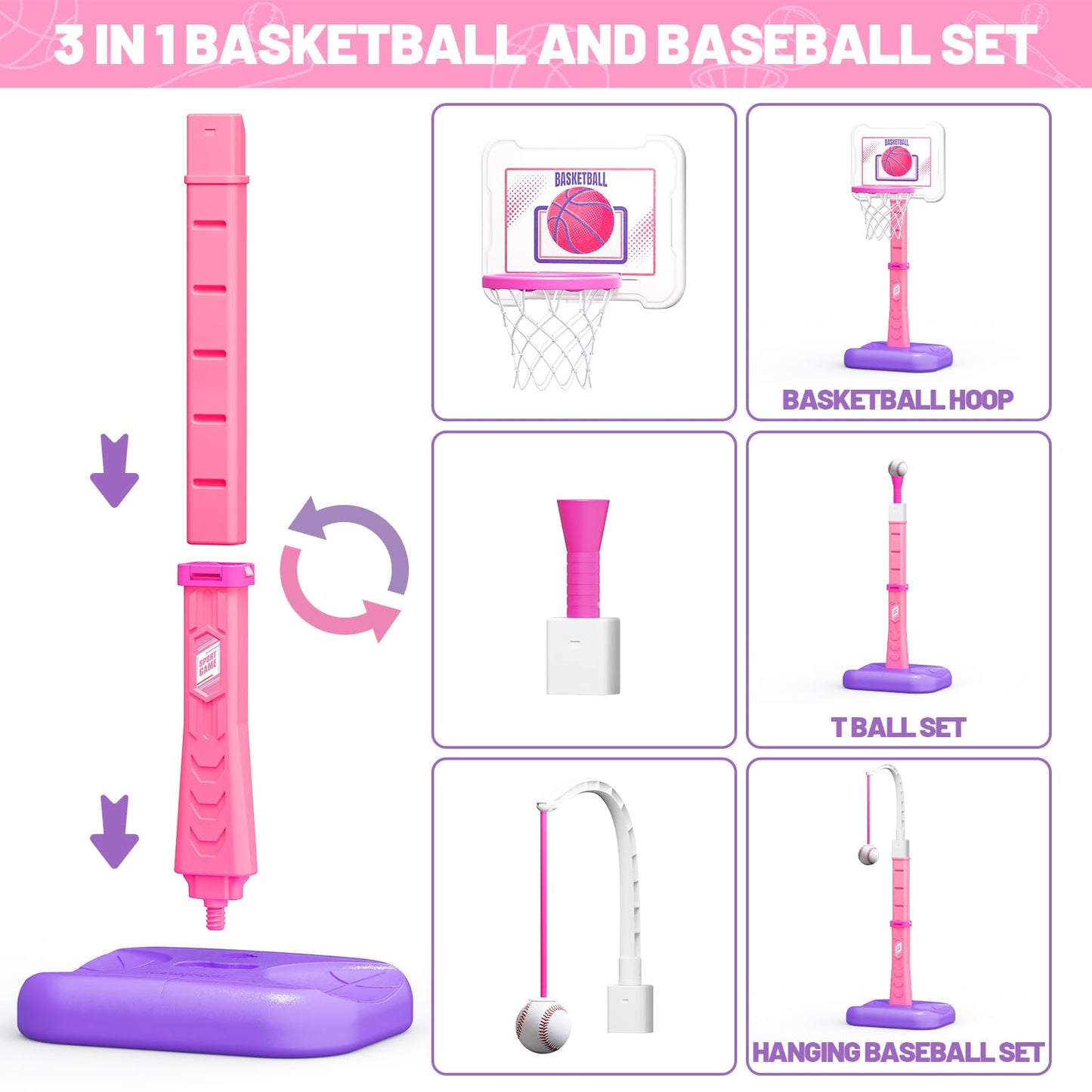 ShyLizard 3-in-1 Kids Basketball Hoop & T-Ball Set | Adjustable Pink Indoor Outdoor Toy
