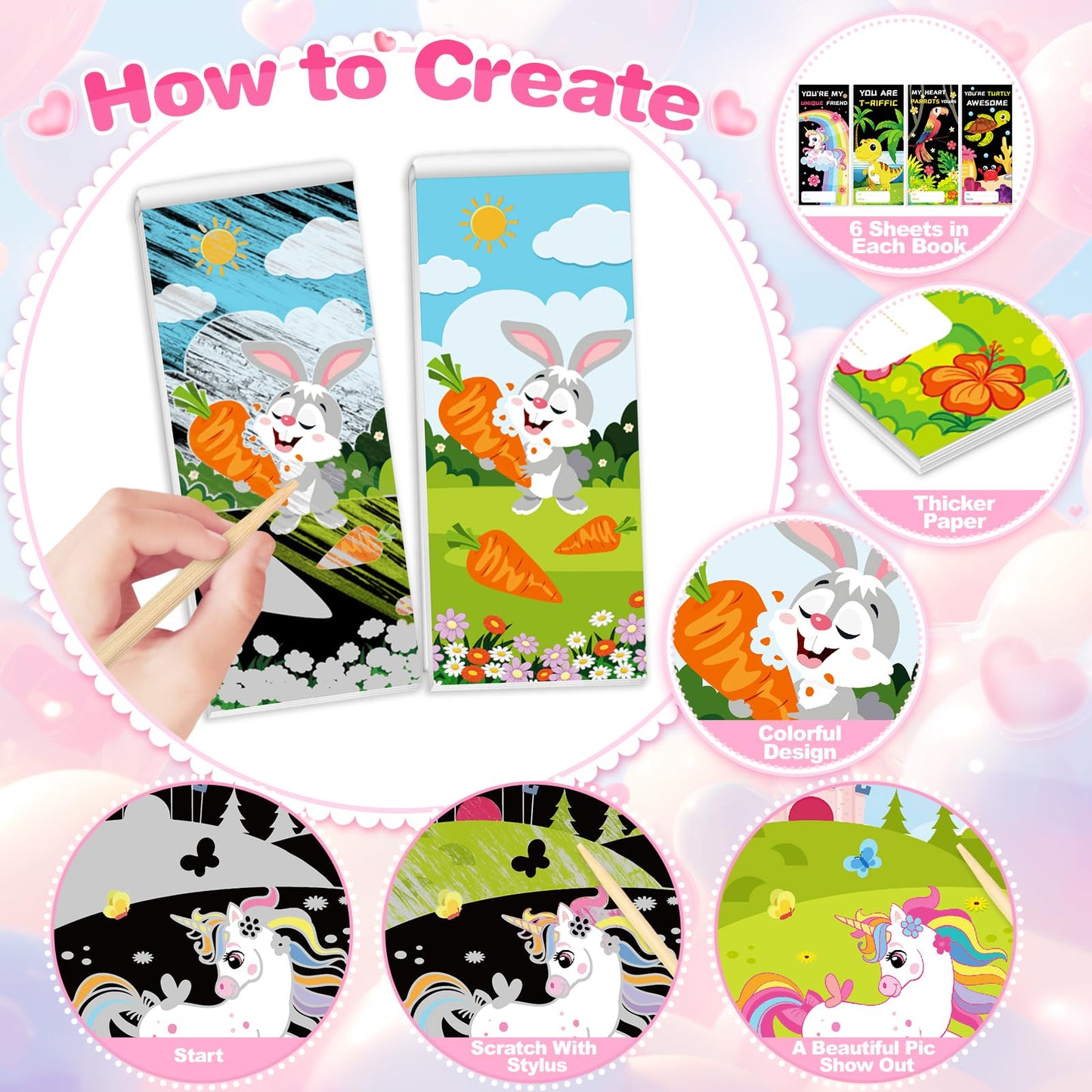 ShyLizard 24-Pack Valentines Scratch Art Kit for Kids – Rainbow Paper Set & Classroom Gifts