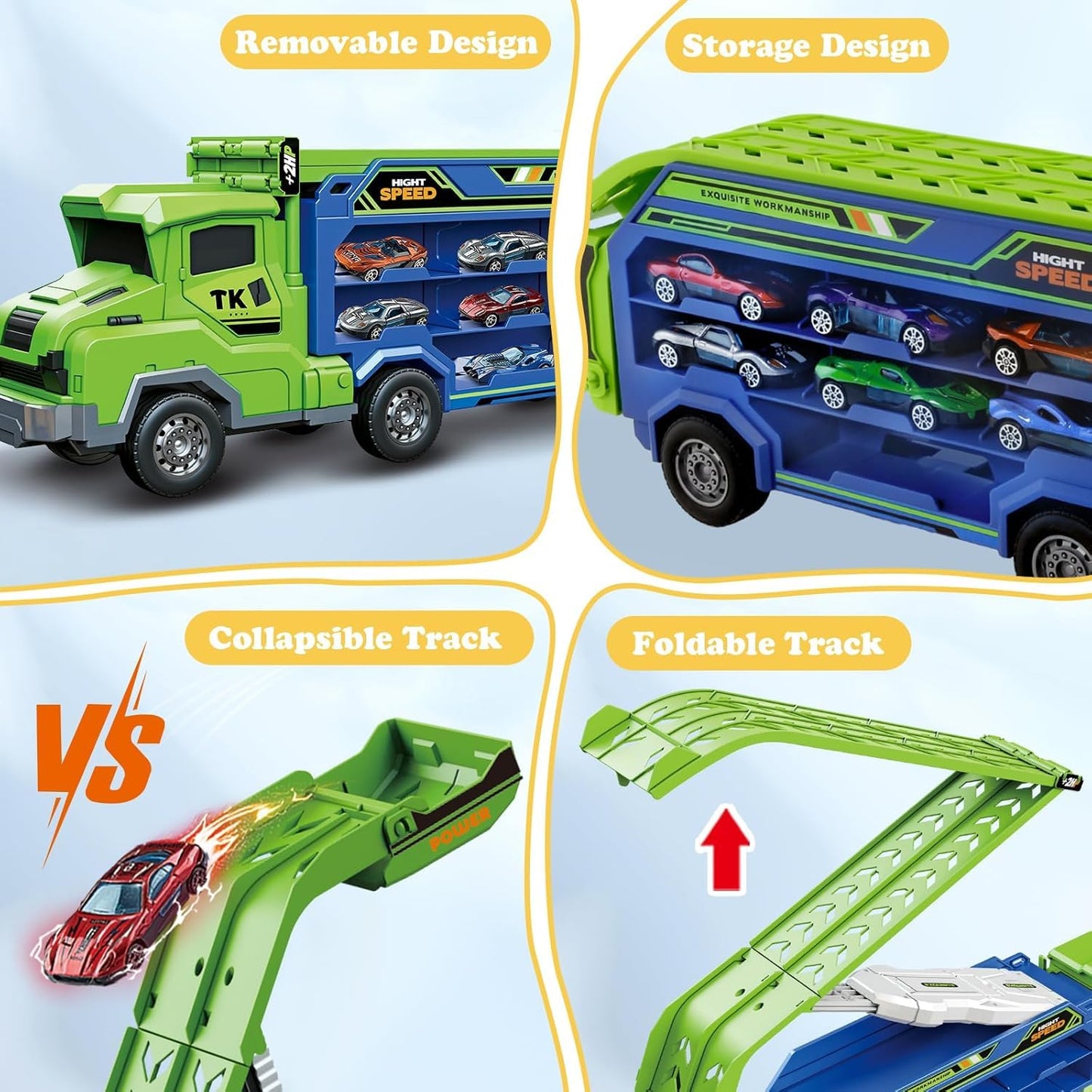 ShyLizard Toddler Car Carrier Truck Toys – Foldable 2.8-Foot Track, 6 Die-Cast Cars, Gift for Ages 3-8