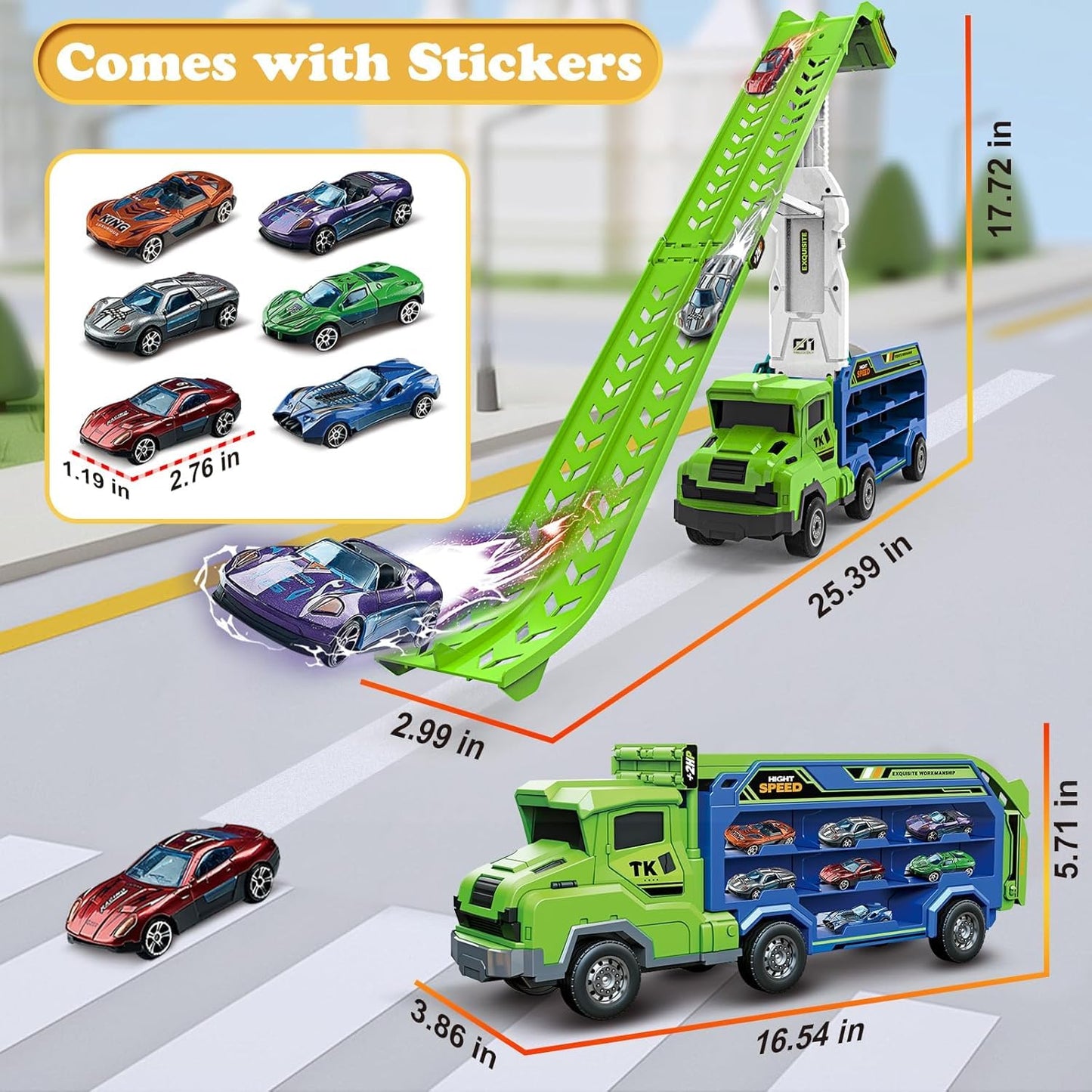 ShyLizard Toddler Car Carrier Truck Toys – Foldable 2.8-Foot Track, 6 Die-Cast Cars, Gift for Ages 3-8