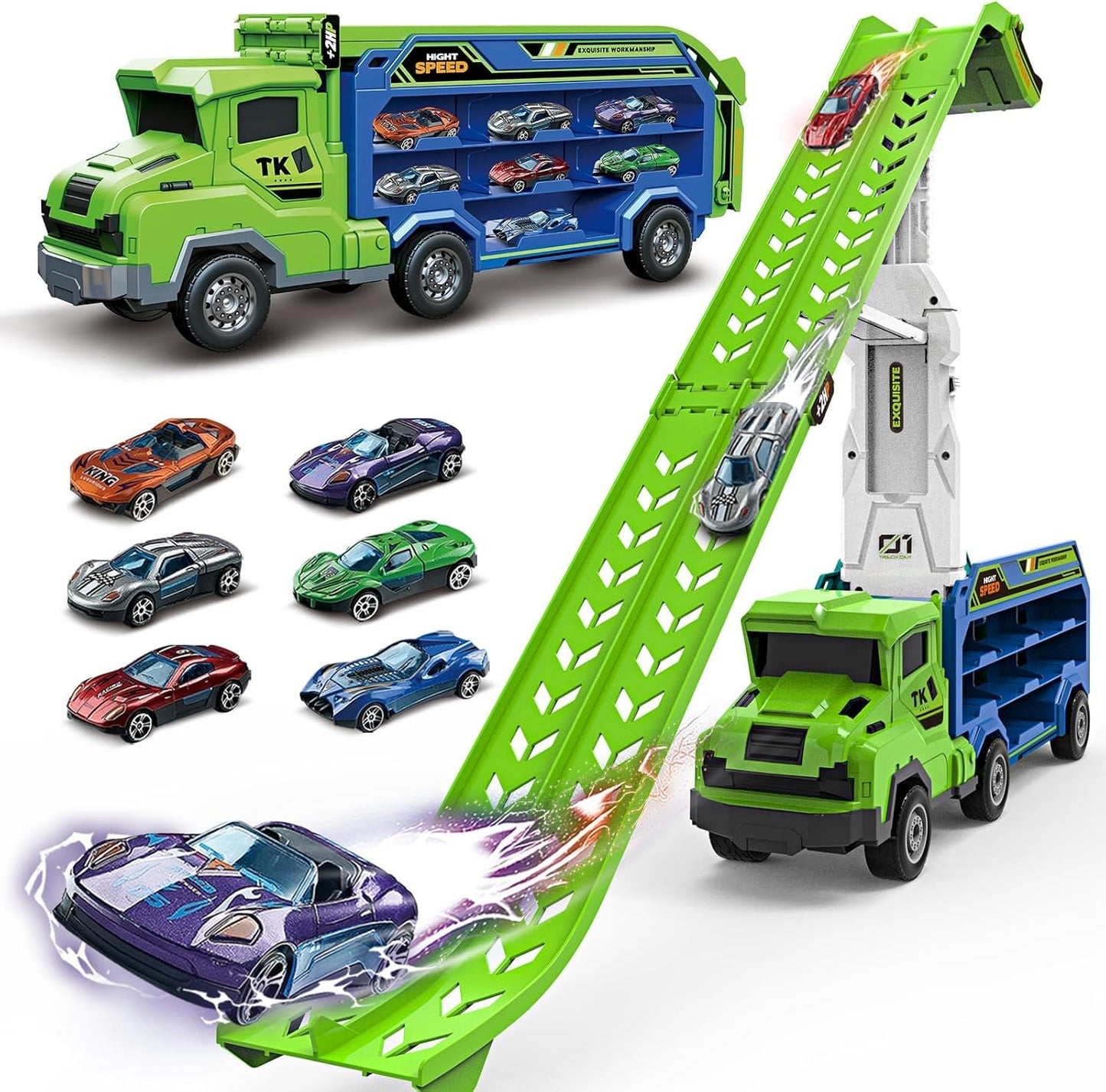 ShyLizard Toddler Car Carrier Truck Toys – Foldable 2.8-Foot Track, 6 Die-Cast Cars, Gift for Ages 3-8