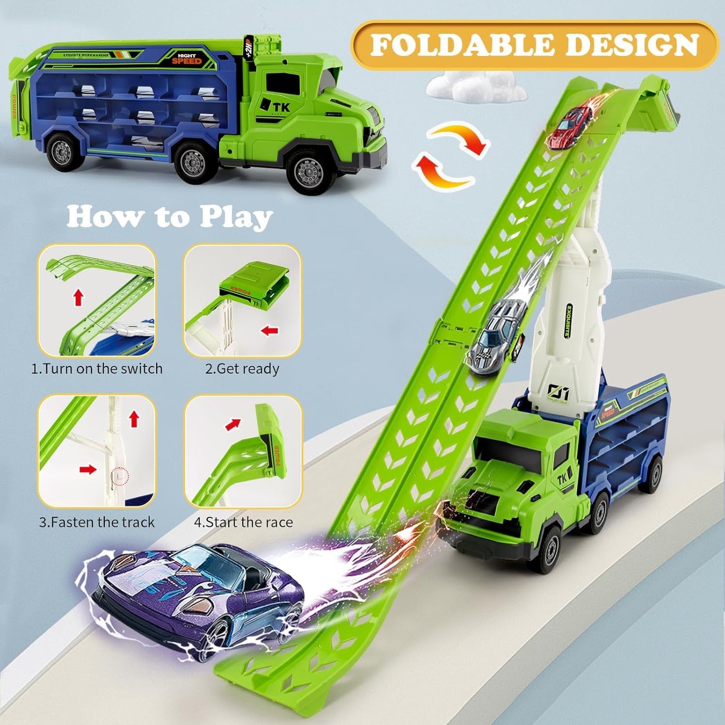 ShyLizard Toddler Car Carrier Truck Toys – Foldable 2.8-Foot Track, 6 Die-Cast Cars, Gift for Ages 3-8