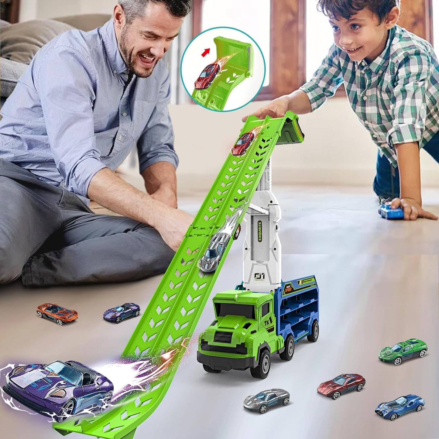 ShyLizard Toddler Car Carrier Truck Toys – Foldable 2.8-Foot Track, 6 Die-Cast Cars, Gift for Ages 3-8