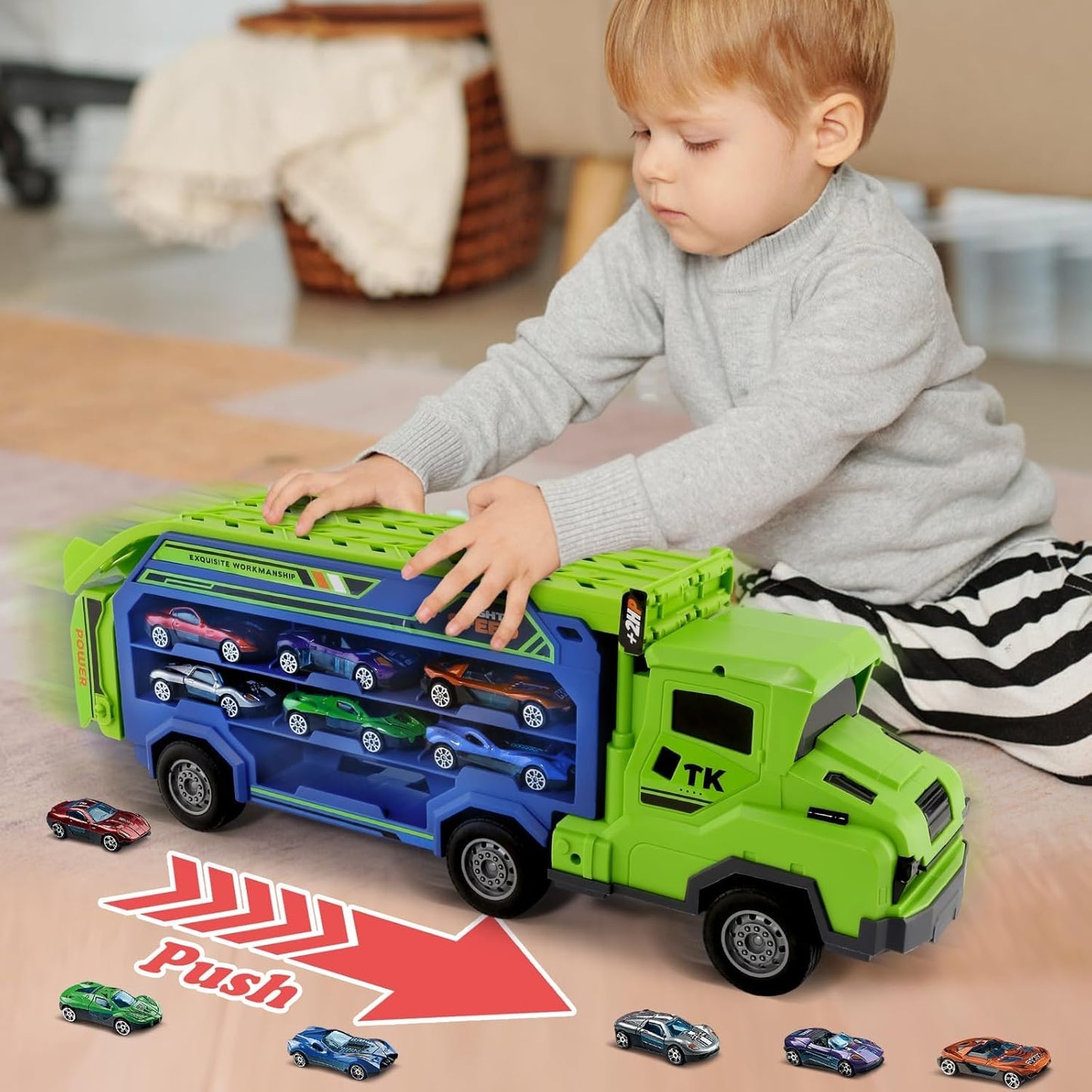ShyLizard Toddler Car Carrier Truck Toys – Foldable 2.8-Foot Track, 6 Die-Cast Cars, Gift for Ages 3-8