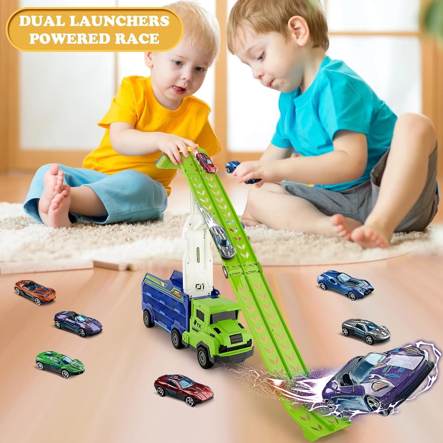 ShyLizard Toddler Car Carrier Truck Toys – Foldable 2.8-Foot Track, 6 Die-Cast Cars, Gift for Ages 3-8