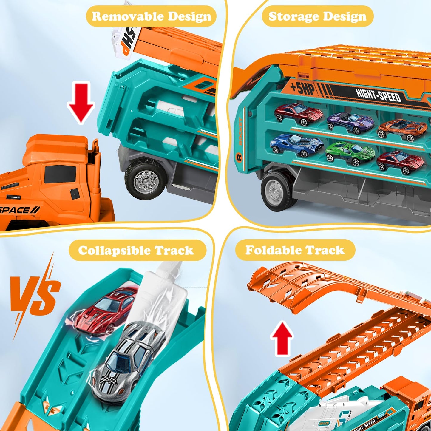 ShyLizard Toddler Car Carrier Truck Toys - Foldable Track, 6 Die-Cast Cars, 2.8ft Race Track, Gift for 3-8 Year Olds