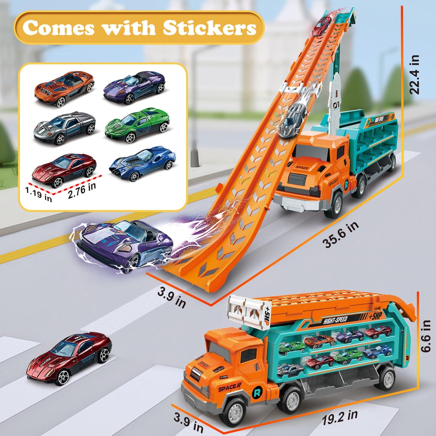 ShyLizard Toddler Car Carrier Truck Toys - Foldable Track, 6 Die-Cast Cars, 2.8ft Race Track, Gift for 3-8 Year Olds