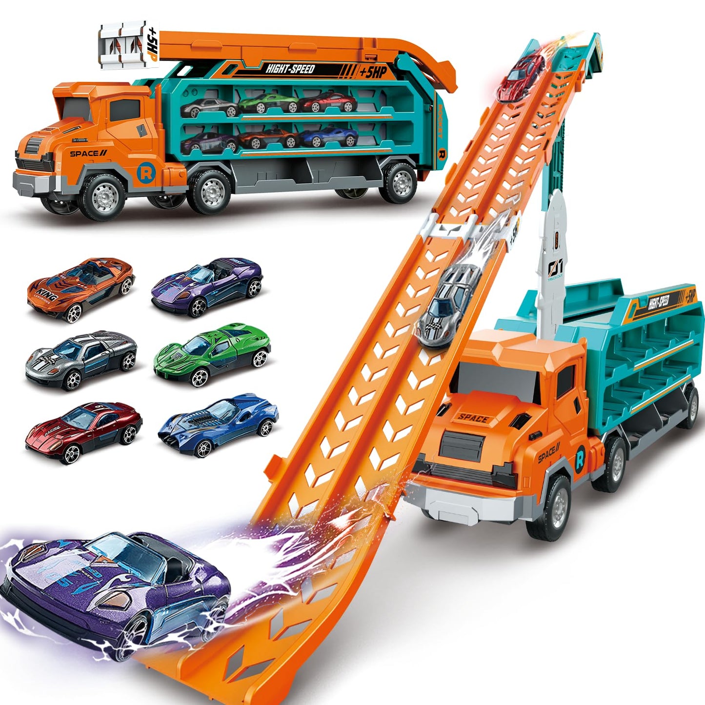 ShyLizard Toddler Car Carrier Truck Toys - Foldable Track, 6 Die-Cast Cars, 2.8ft Race Track, Gift for 3-8 Year Olds