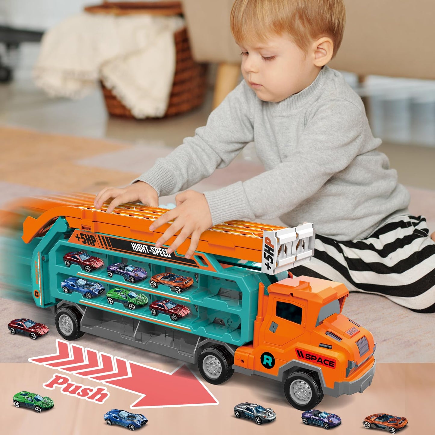 ShyLizard Toddler Car Carrier Truck Toys - Foldable Track, 6 Die-Cast Cars, 2.8ft Race Track, Gift for 3-8 Year Olds