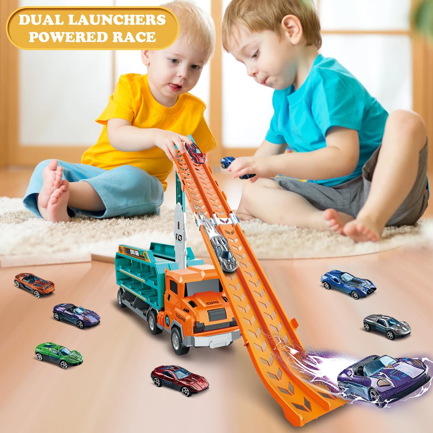 ShyLizard Toddler Car Carrier Truck Toys - Foldable Track, 6 Die-Cast Cars, 2.8ft Race Track, Gift for 3-8 Year Olds