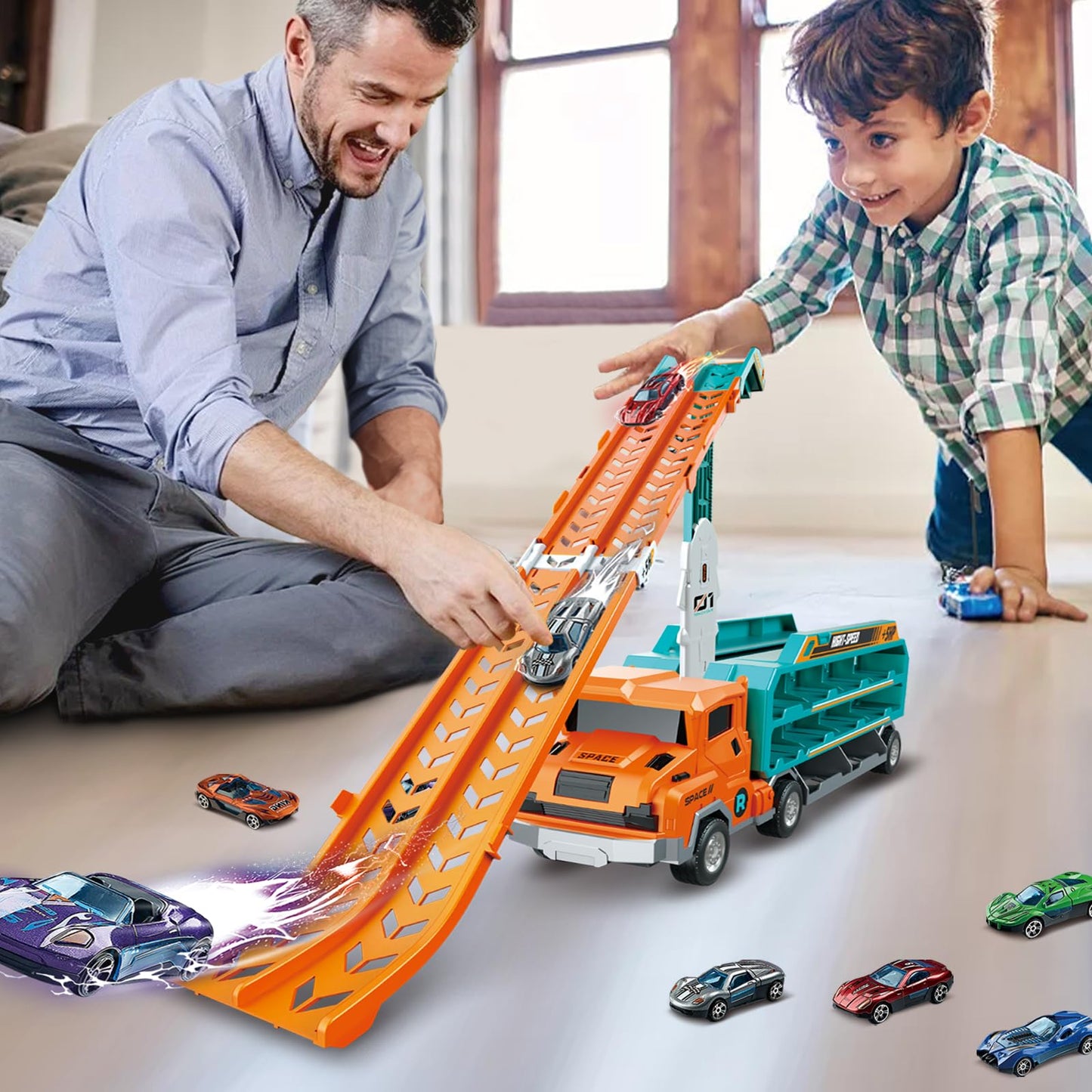 ShyLizard Toddler Car Carrier Truck Toys - Foldable Track, 6 Die-Cast Cars, 2.8ft Race Track, Gift for 3-8 Year Olds