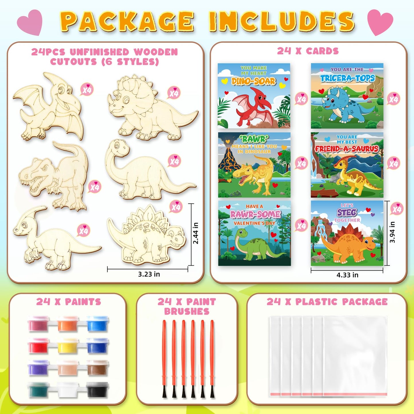 ShyLizard 24-Pack Dinosaur Valentine Cards & Wood Paint Crafts Set – Classroom Gifts