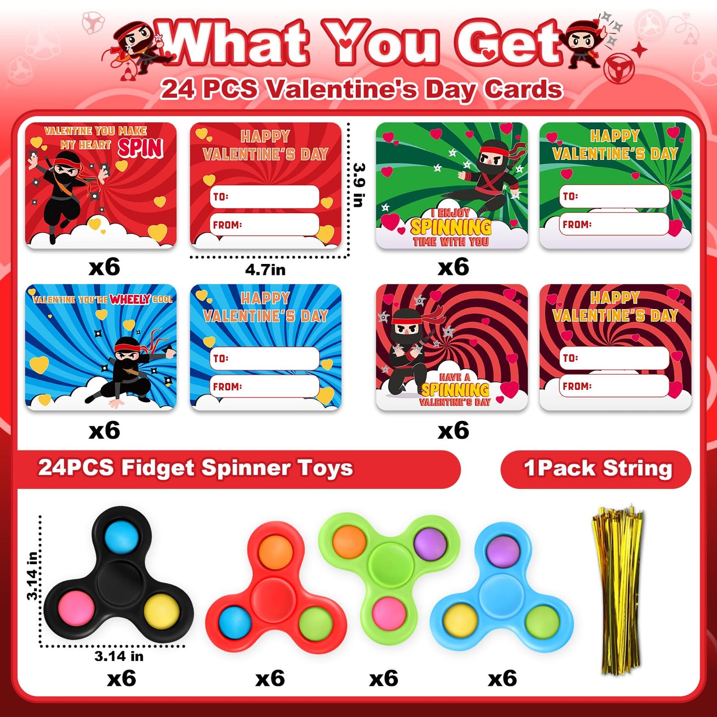 ShyLizard 24-Piece Valentine Cards with Fidget Spinners for Kids Classroom Exchange