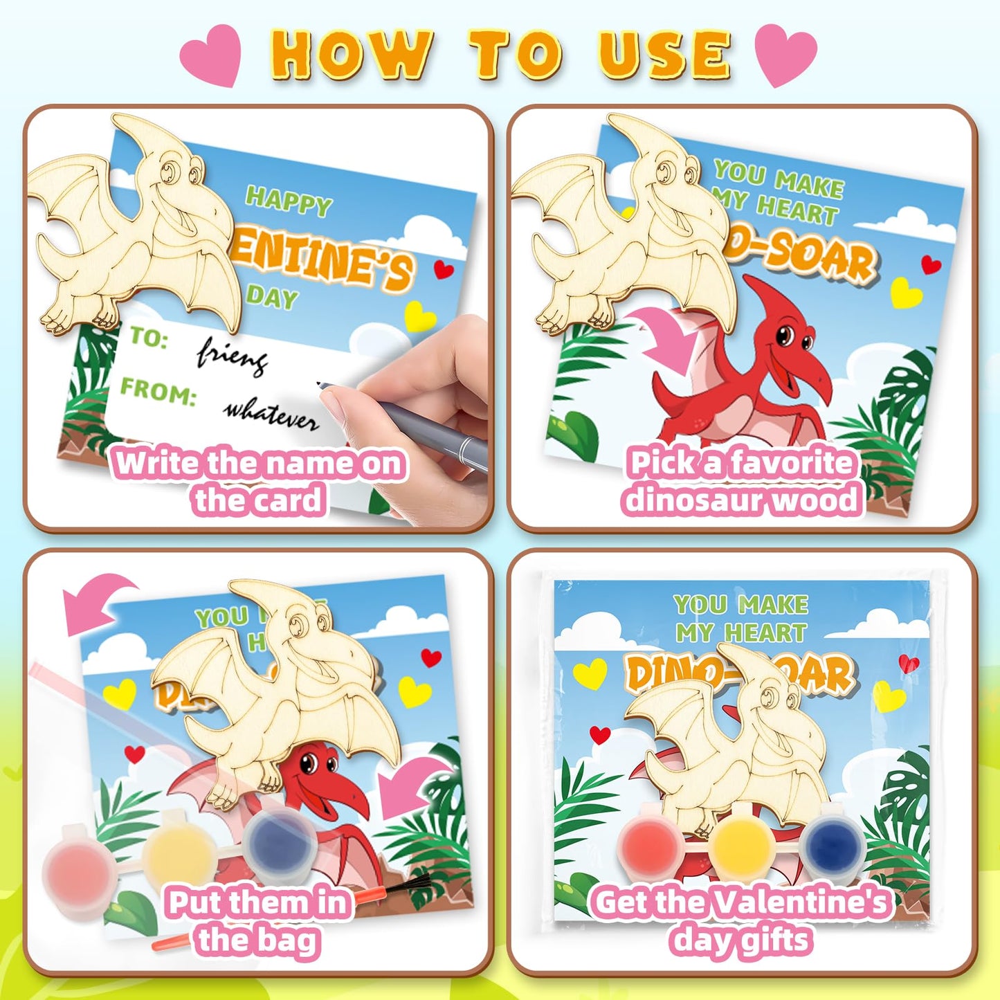 ShyLizard 24-Pack Dinosaur Valentine Cards & Wood Paint Crafts Set – Classroom Gifts