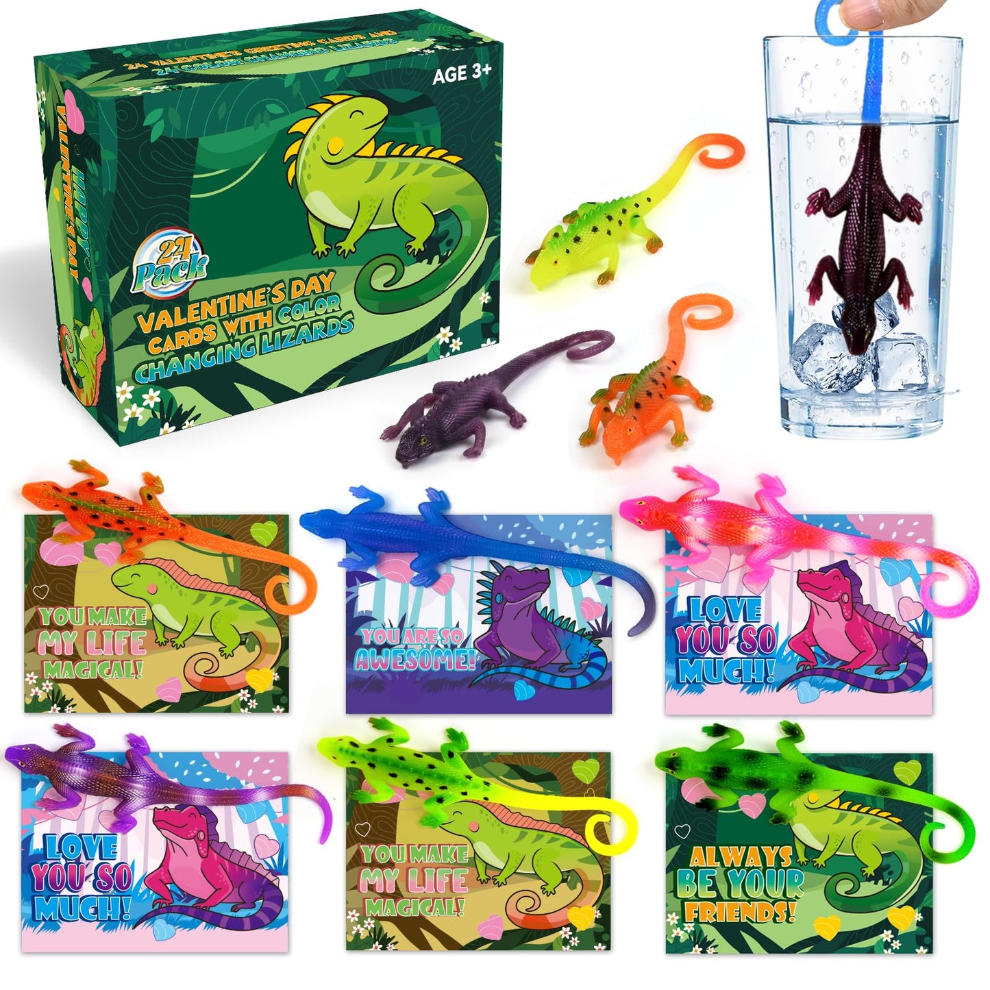 ShyLizard 24 PCS Valentines Day Cards with Color-Changing Lizard Toys — Classroom Gift Set