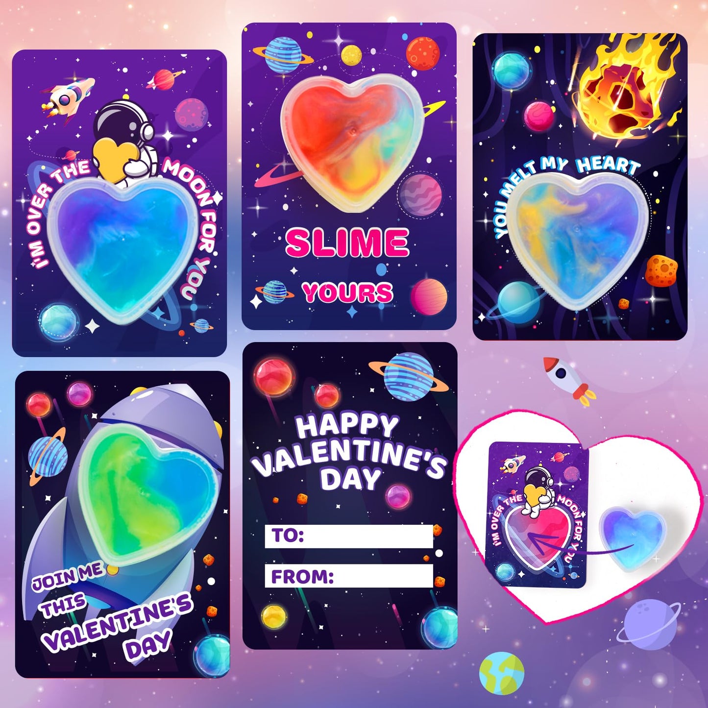 ShyLizard 28Pcs Valentines Cards with Galaxy Slime for Kids Classroom Exchange