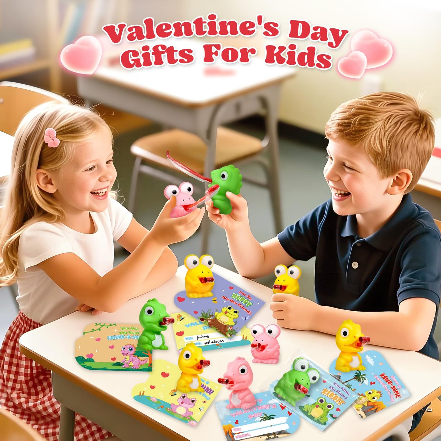ShyLizard 24-Pack Valentine Cards with Squeeze Toys – Dino & Frog Tongue-Out Fun