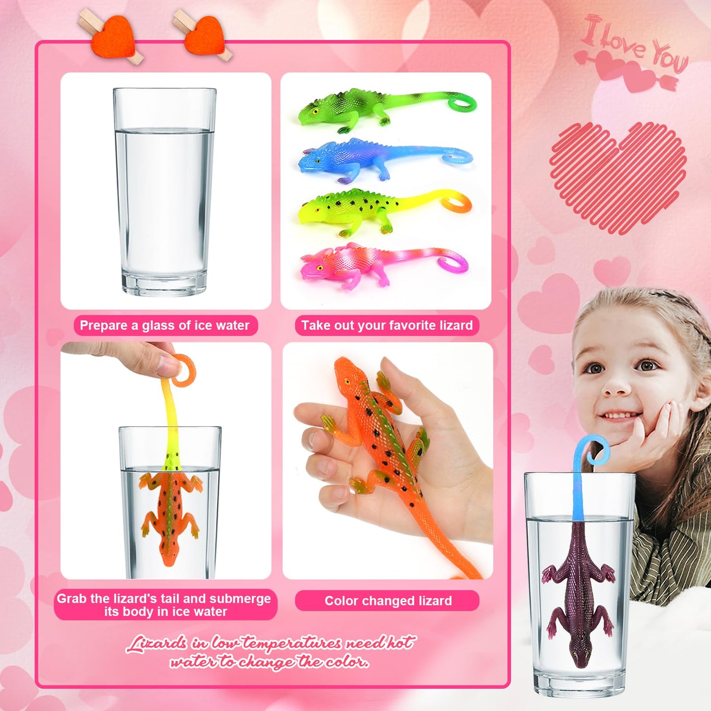 ShyLizard 24 PCS Valentines Day Cards with Color-Changing Lizard Toys — Classroom Gift Set