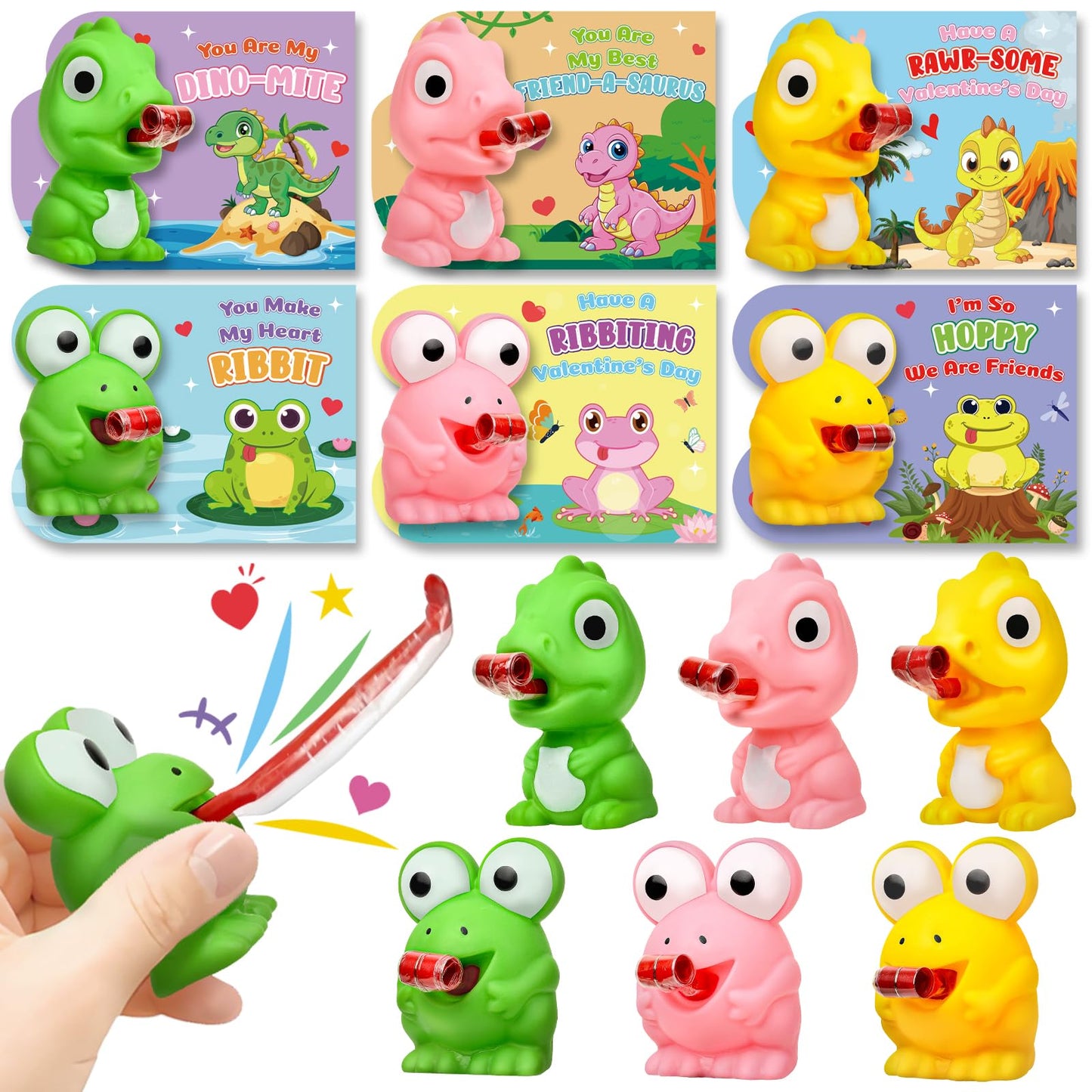 ShyLizard 24-Pack Valentine Cards with Squeeze Toys – Dino & Frog Tongue-Out Fun