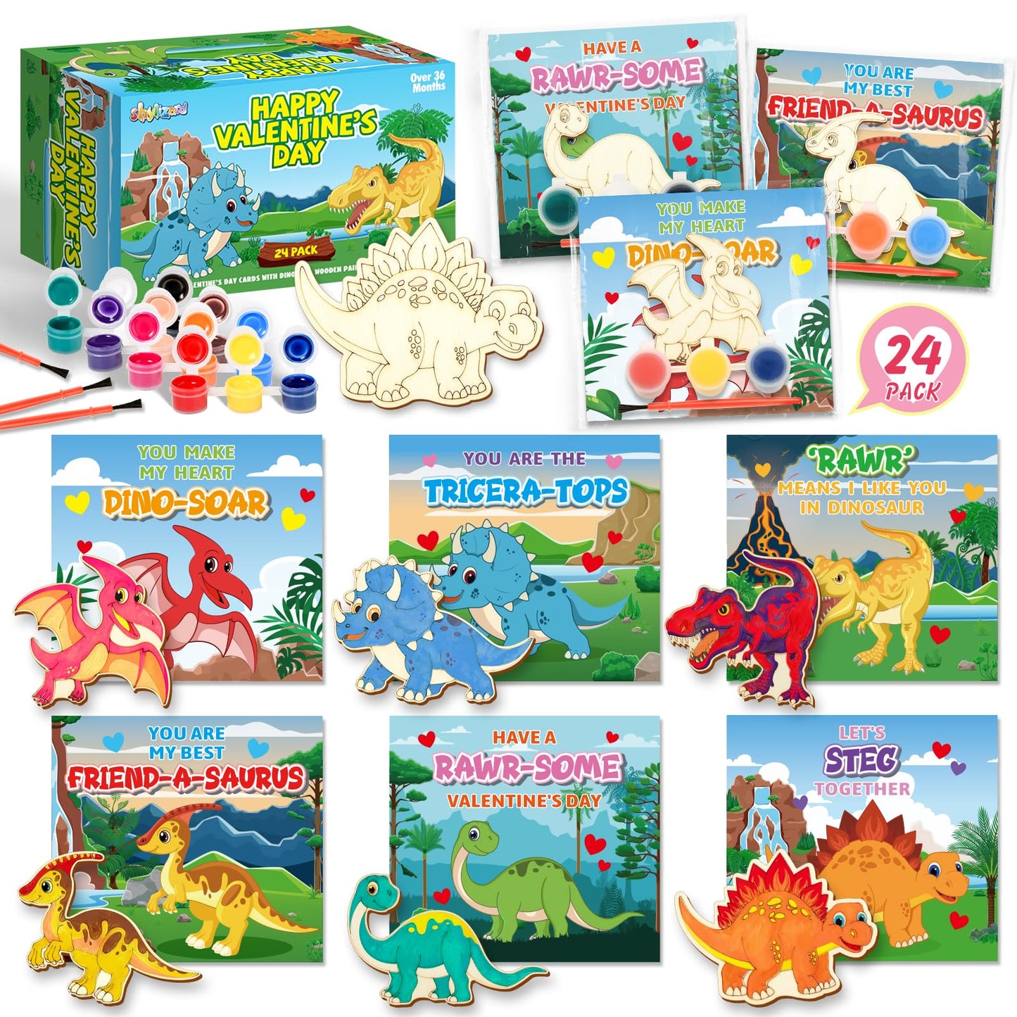 ShyLizard 24-Pack Dinosaur Valentine Cards & Wood Paint Crafts Set – Classroom Gifts