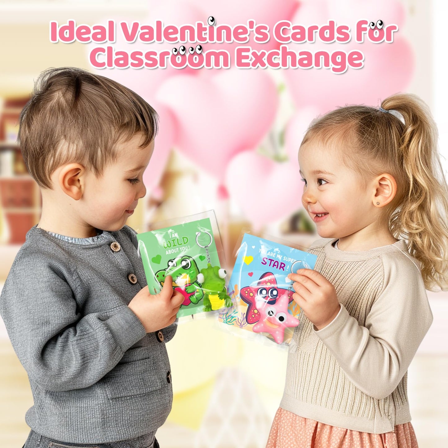 ShyLizard 24-Pack Valentine's Cards with Animal Popping Eye Keychains – Classroom Gifts