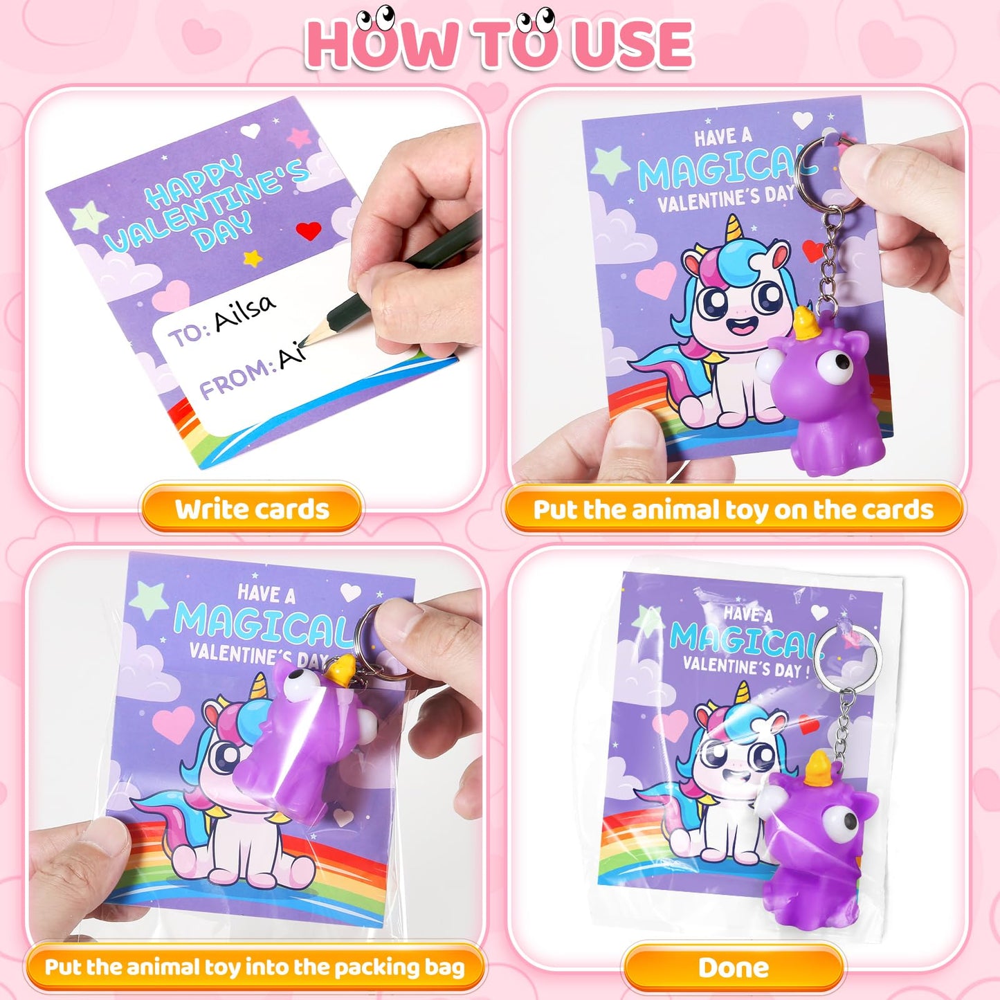 ShyLizard 24-Pack Valentine's Cards with Animal Popping Eye Keychains – Classroom Gifts