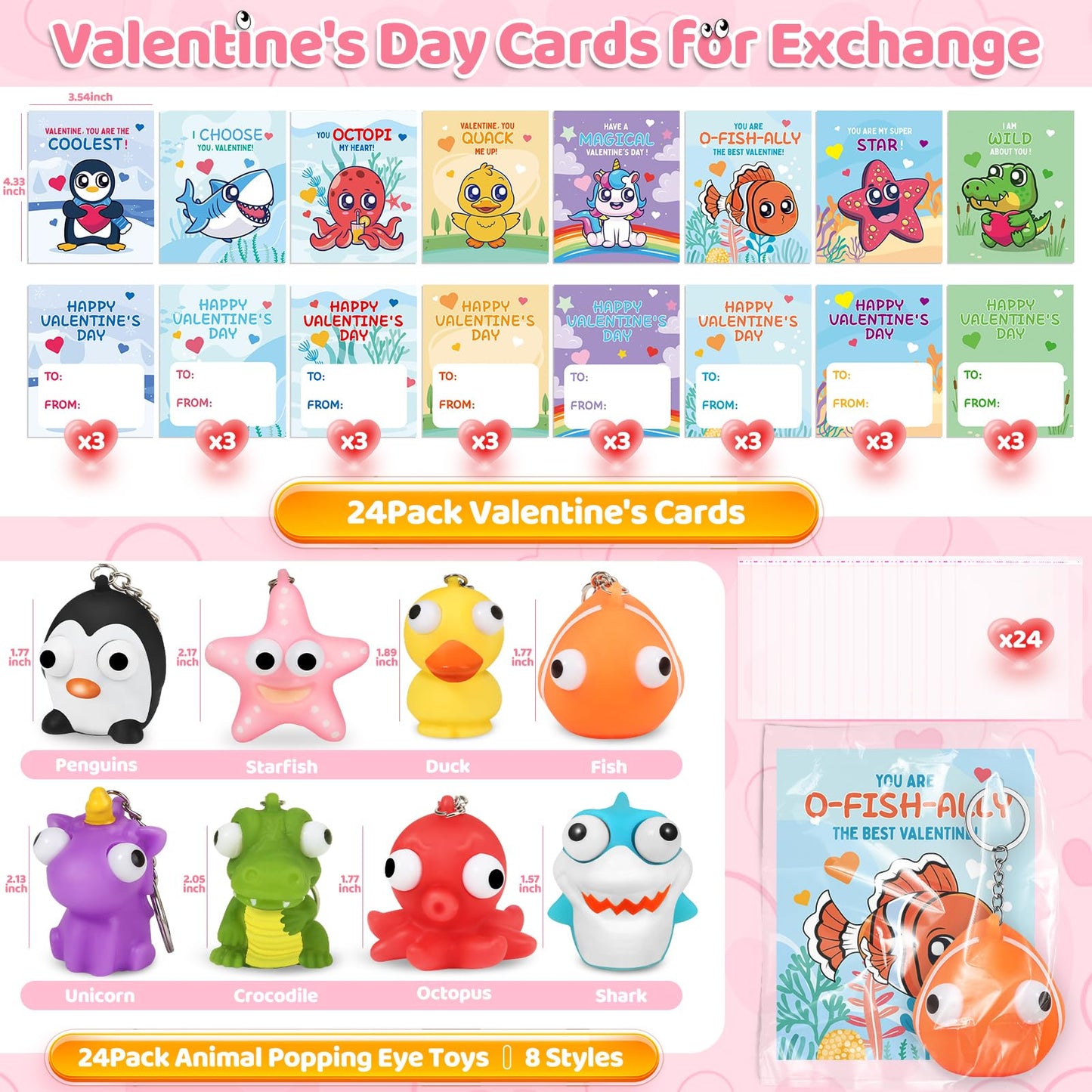 ShyLizard 24-Pack Valentine's Cards with Animal Popping Eye Keychains – Classroom Gifts