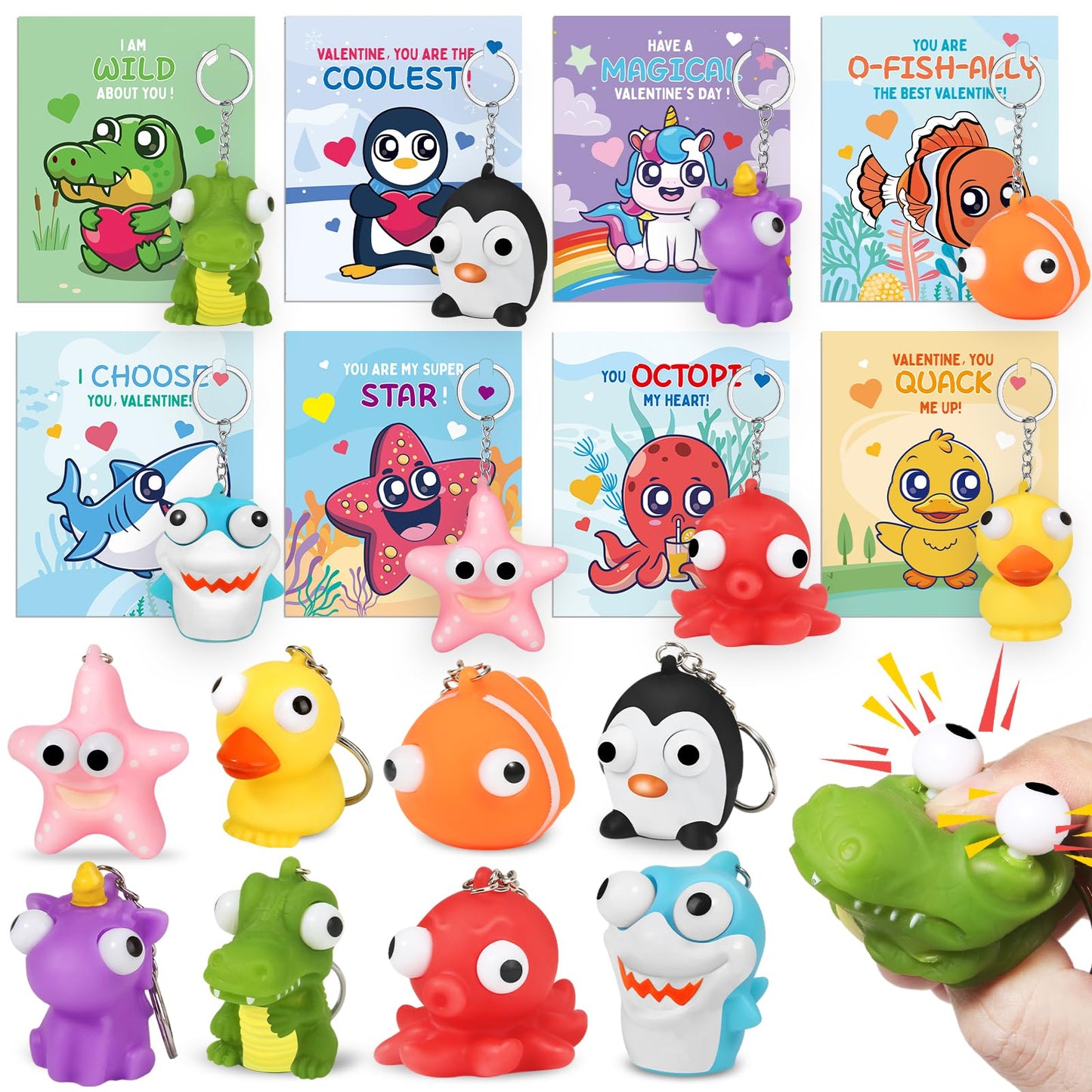 ShyLizard 24-Pack Valentine's Cards with Animal Popping Eye Keychains – Classroom Gifts