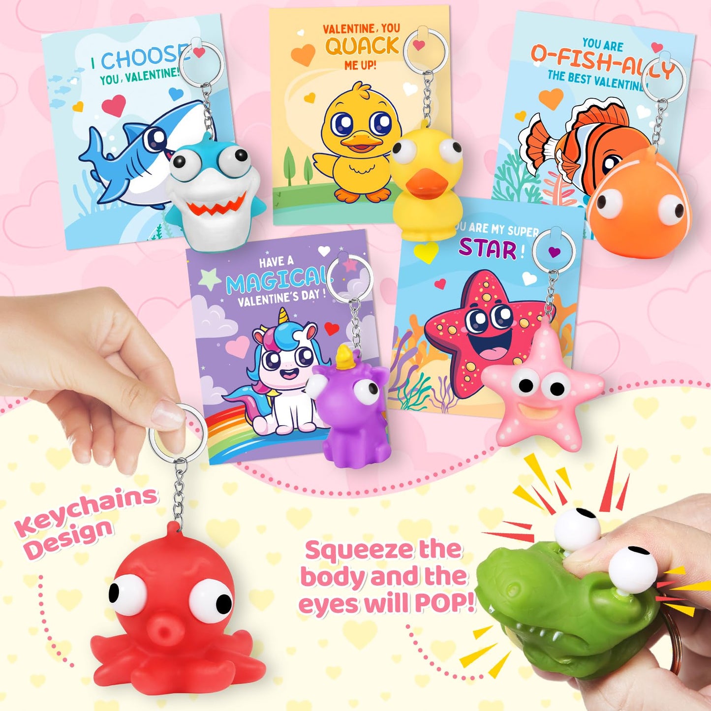 ShyLizard 24-Pack Valentine's Cards with Animal Popping Eye Keychains – Classroom Gifts