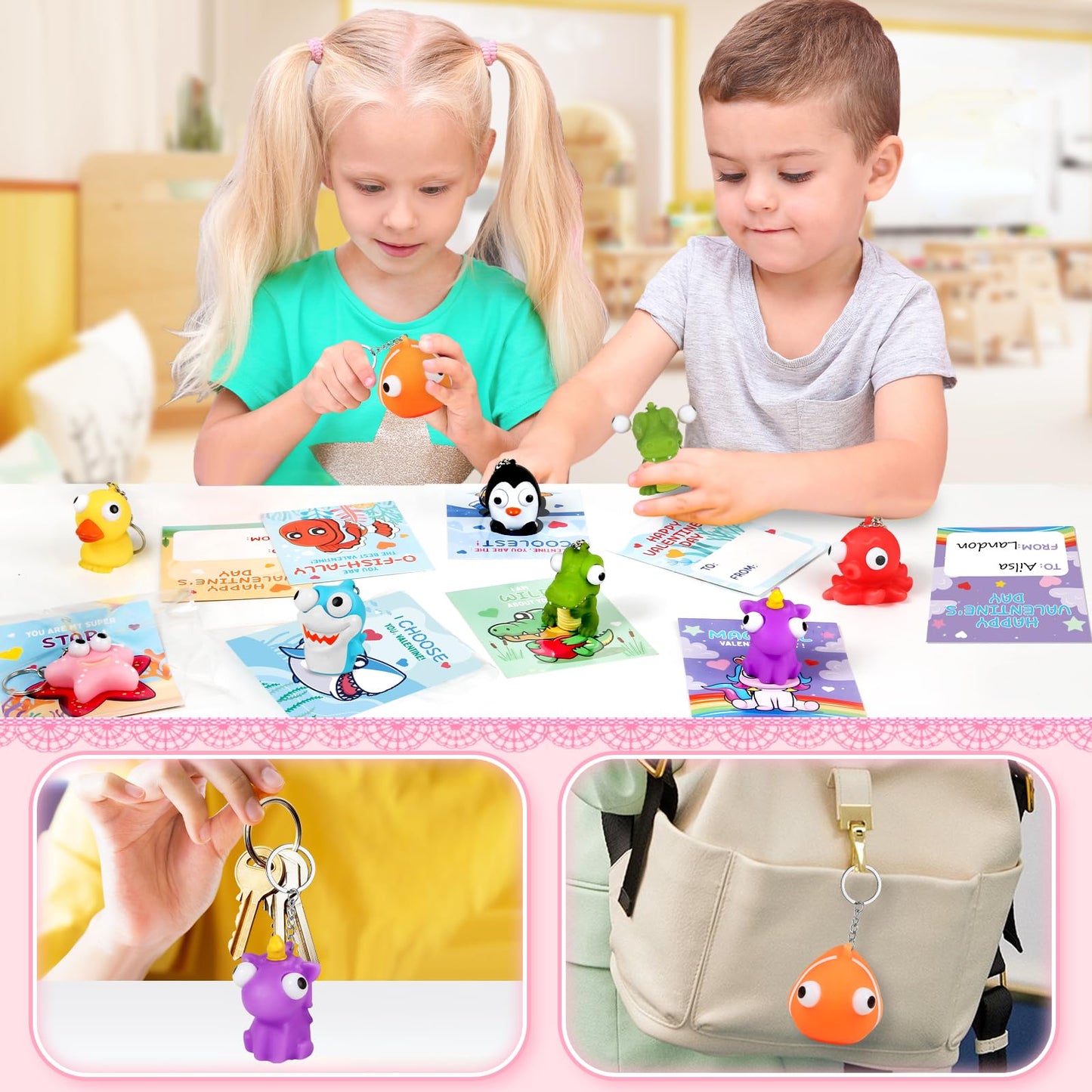 ShyLizard 24-Pack Valentine's Cards with Animal Popping Eye Keychains – Classroom Gifts