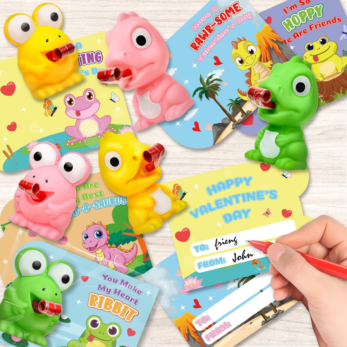 ShyLizard 24-Pack Valentine Cards with Squeeze Toys – Dino & Frog Tongue-Out Fun