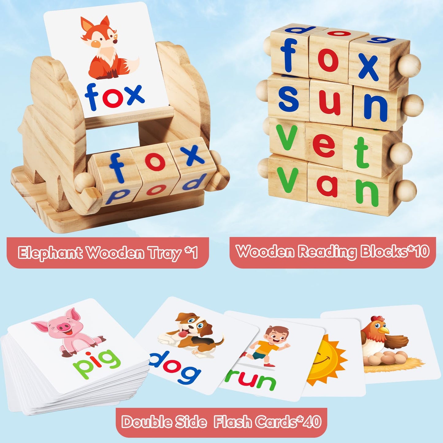 ShyLizard Montessori Reading Blocks – Wooden Vowel Blocks & Flash Cards for Toddlers (Ages 3-5)