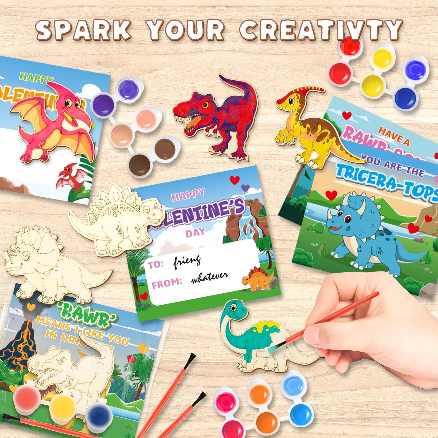 ShyLizard 24-Pack Dinosaur Valentine Cards & Wood Paint Crafts Set – Classroom Gifts