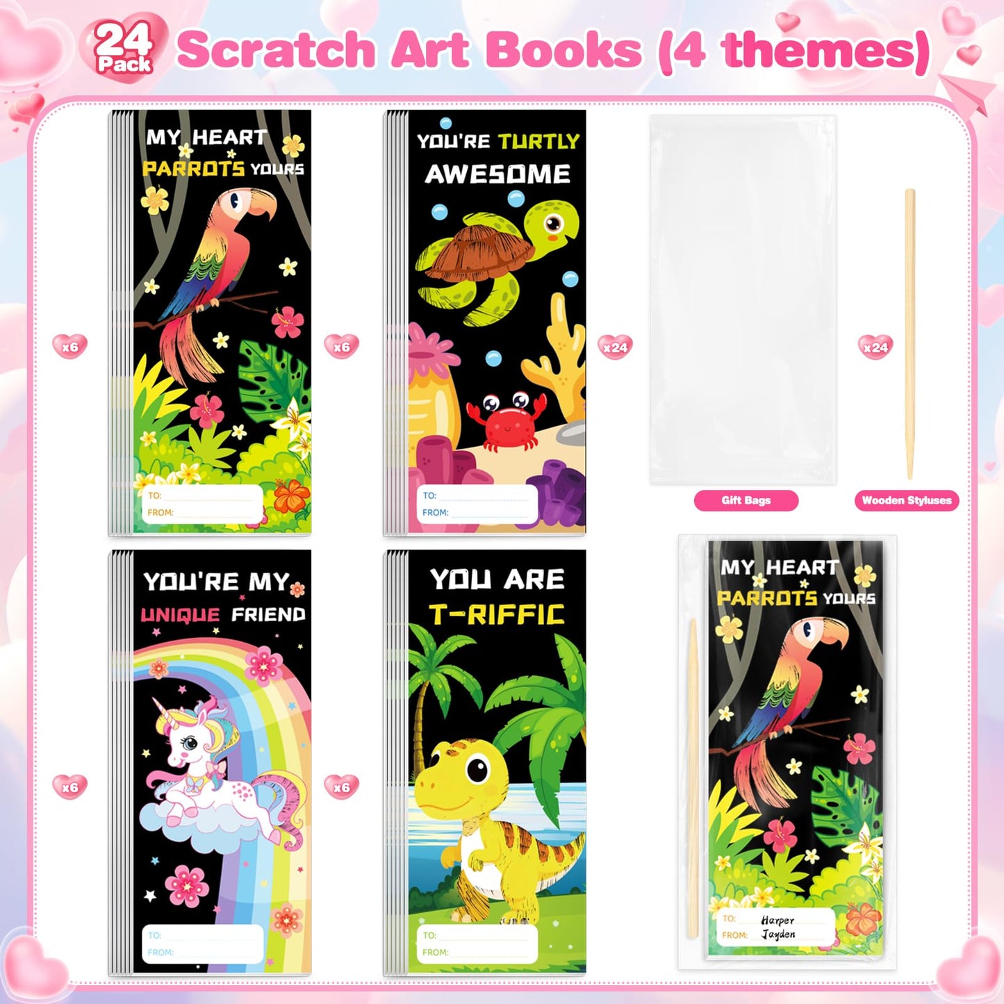 ShyLizard 24-Pack Valentines Scratch Art Kit for Kids – Rainbow Paper Set & Classroom Gifts