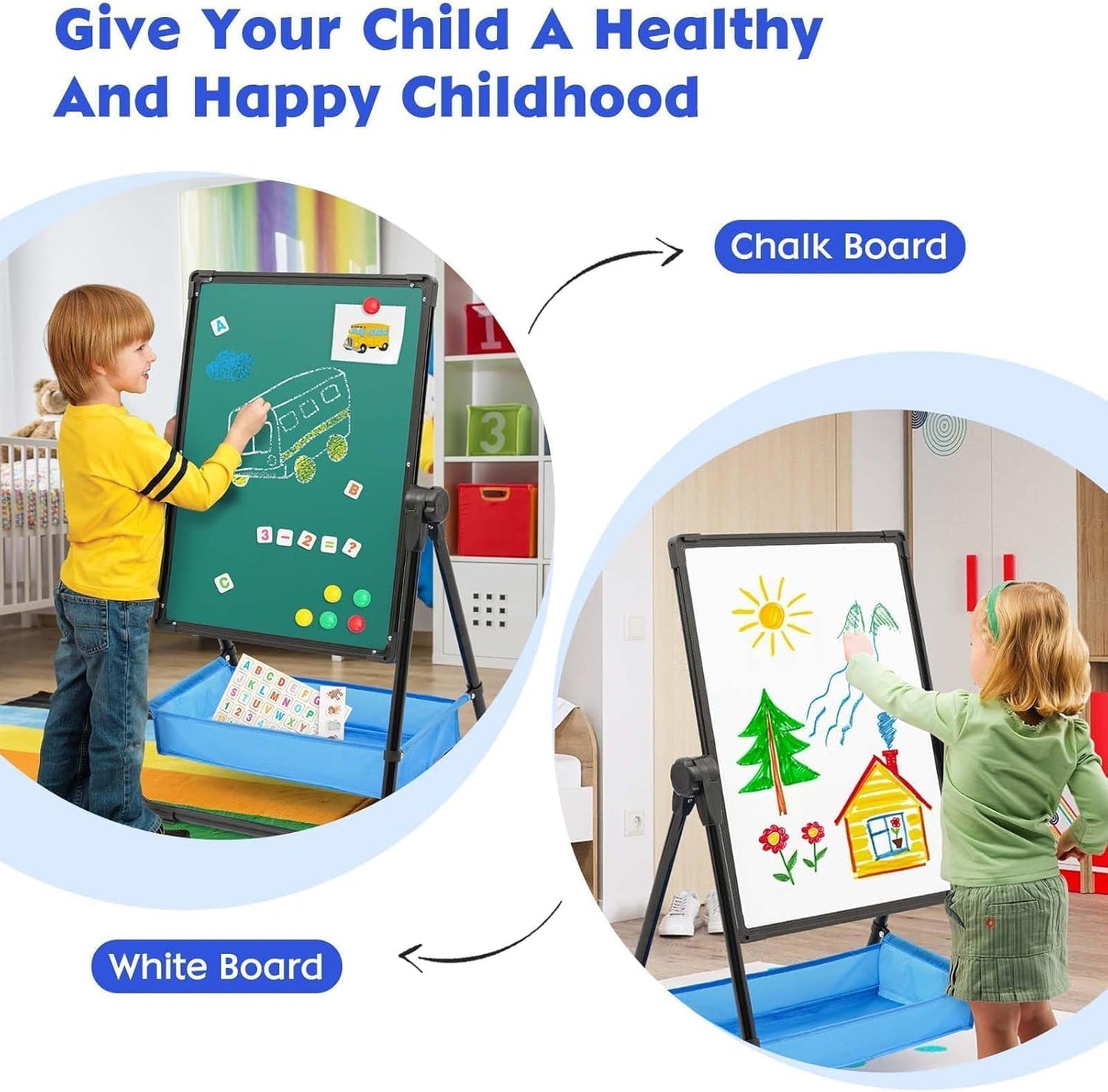 Siairo Kids Art Easel | Height-Adjustable 29.5–44in, 360° Rotating, Double-Sided Whiteboard & Chalkboard