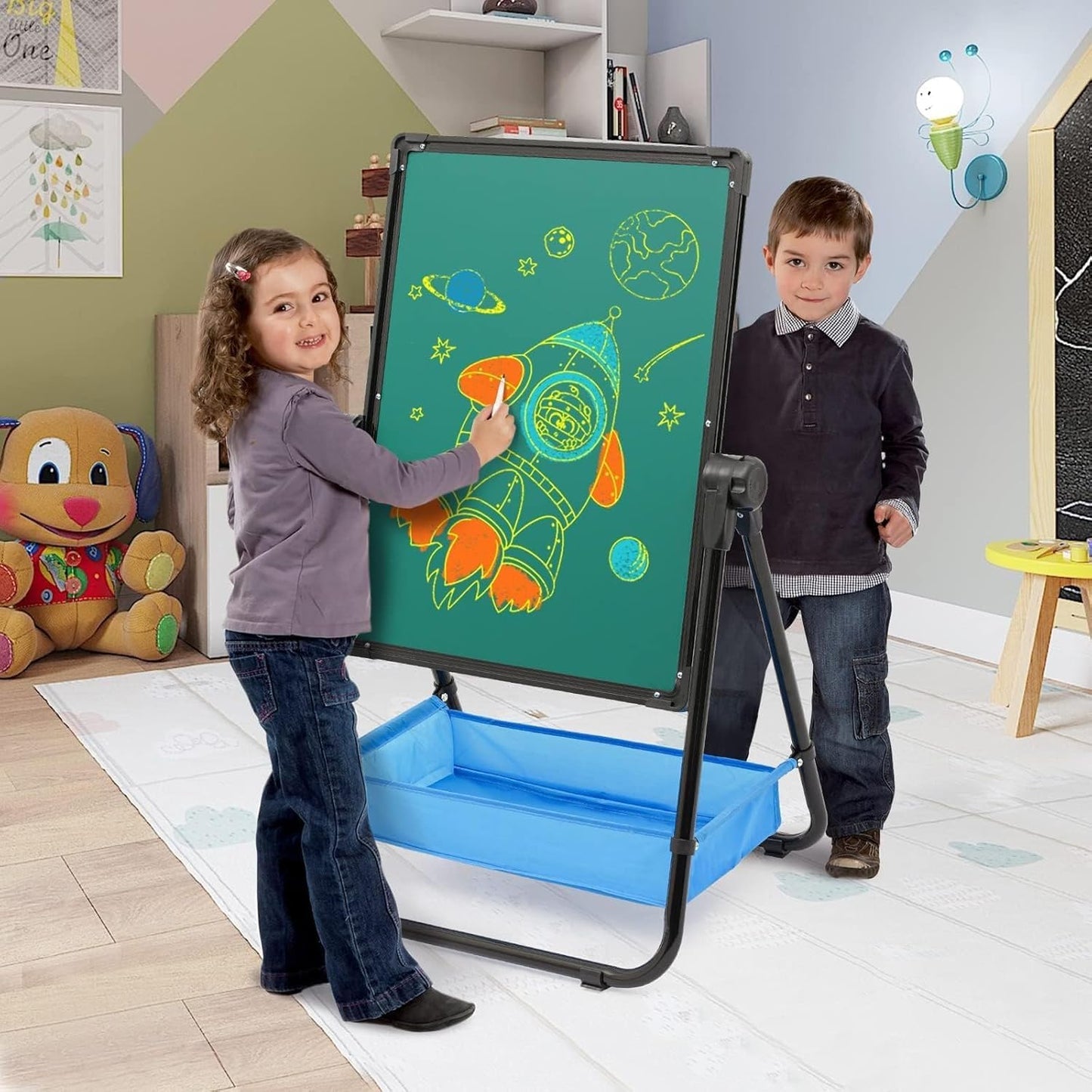 Siairo Kids Art Easel | Height-Adjustable 29.5–44in, 360° Rotating, Double-Sided Whiteboard & Chalkboard