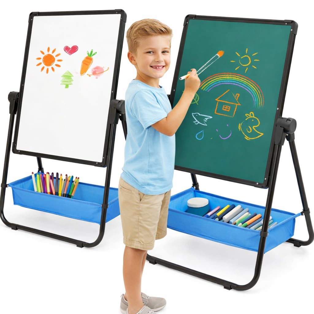 Siairo Kids Art Easel | Height-Adjustable 29.5–44in, 360° Rotating, Double-Sided Whiteboard & Chalkboard