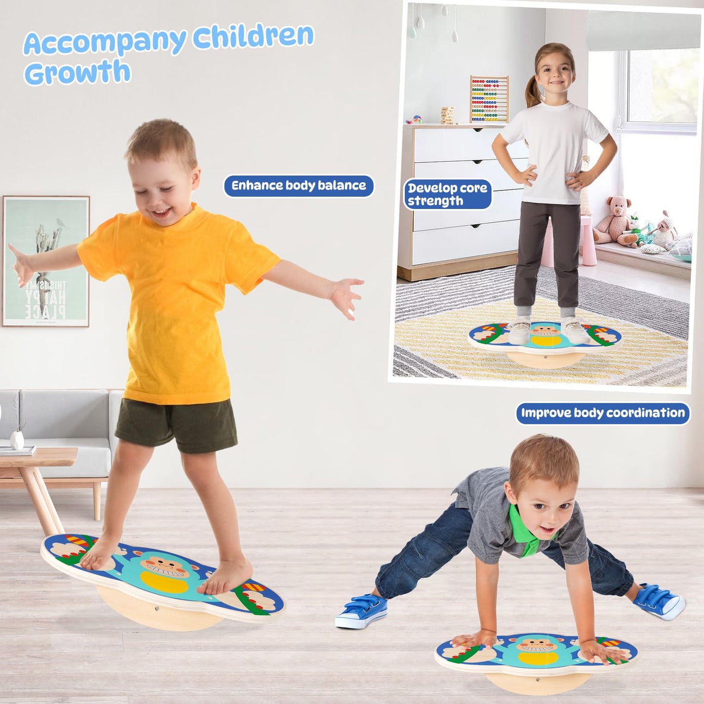 Siairo Wobble Balance Board for Kids – Wooden Rocker, 123 lbs Capacity, Blue
