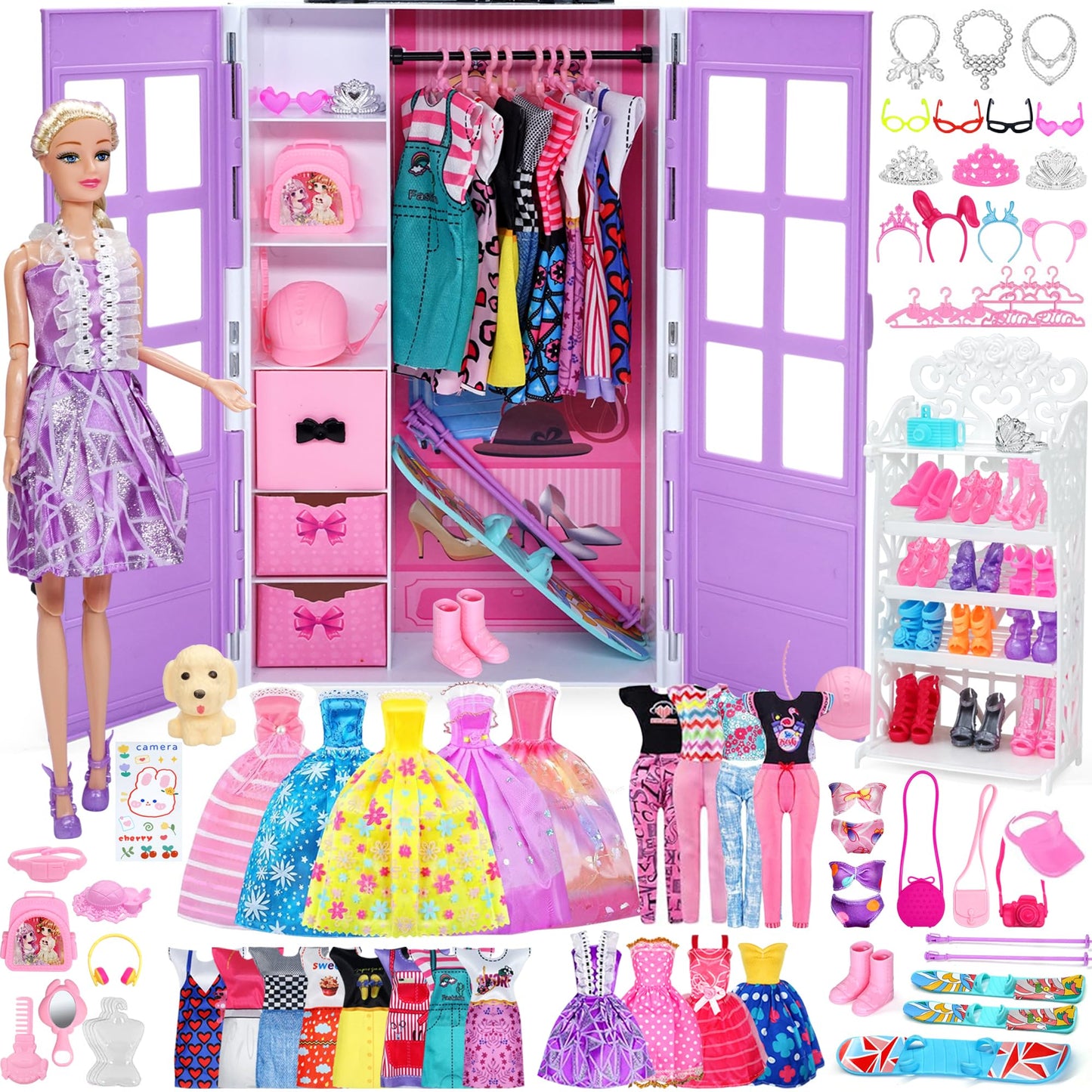 Sidola Doll Closet Set - 135-Piece Princess Wardrobe with Dresses, Shoes & Accessories