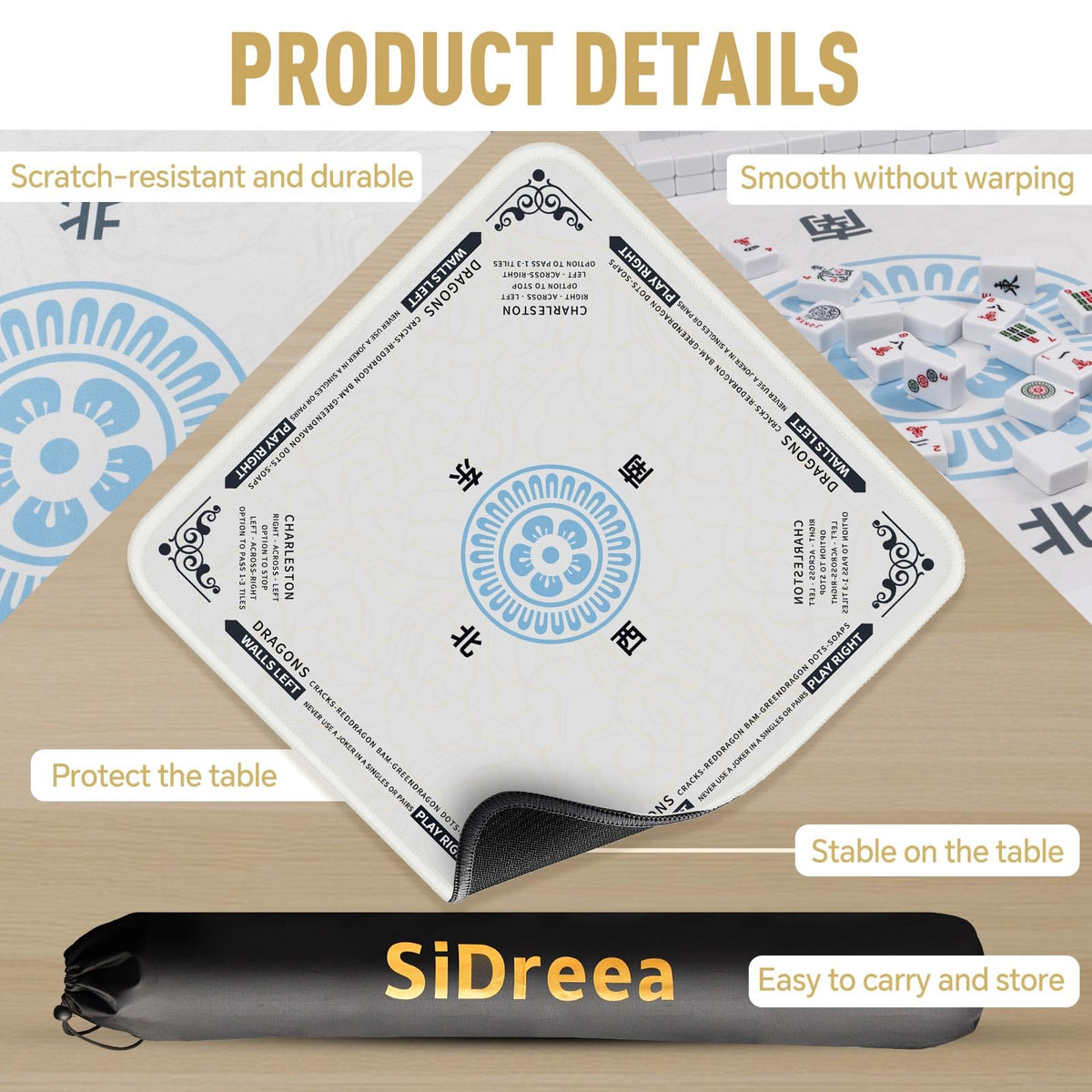 SiDreea Mahjong Mat 32.4×32.4 in – Noise-Reducing, Anti-Slip Table Mat for Mahjong, Poker & Board Games